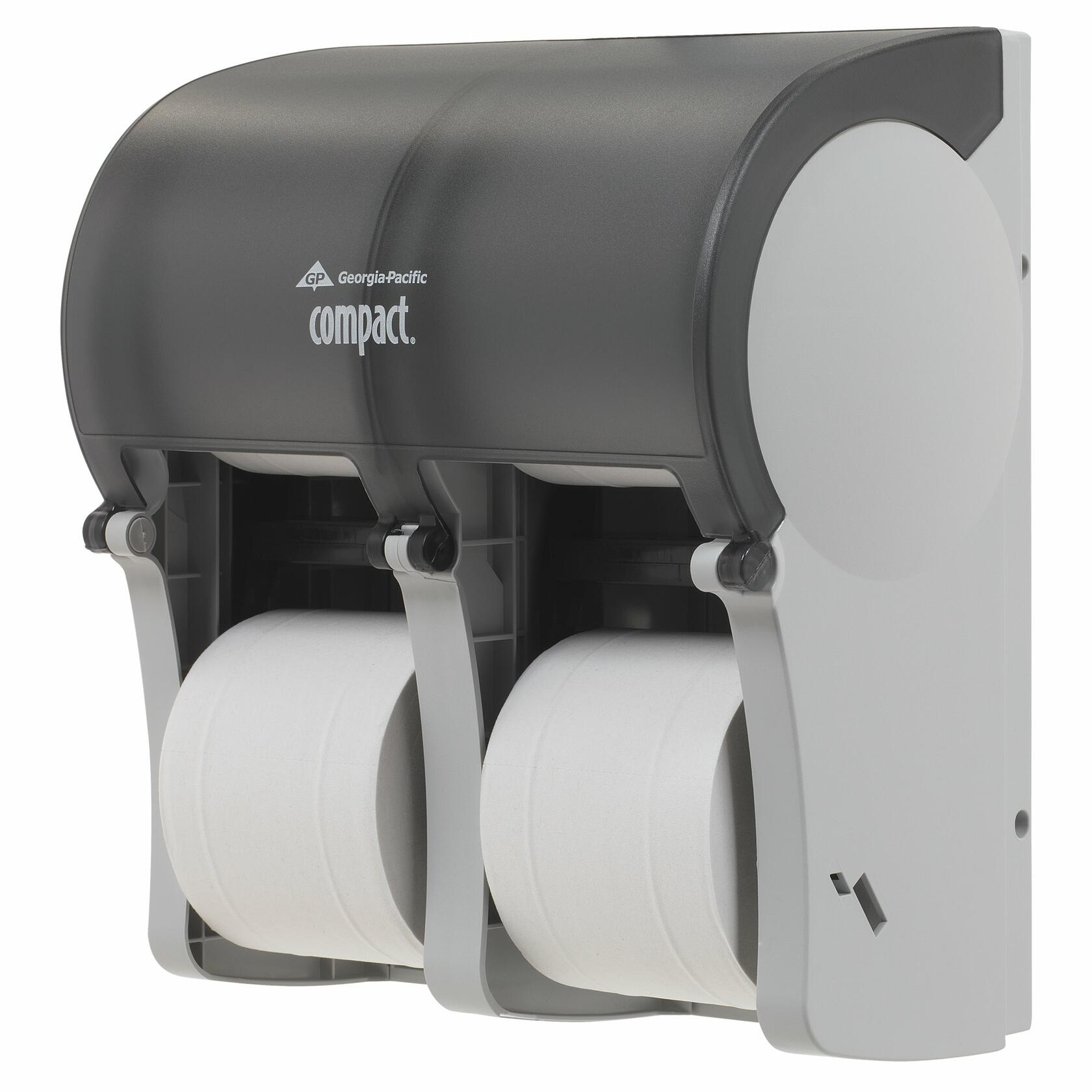 GP PRO (Georgia-Pacific) Compact 56744 4-Roll Quad Coreless High-Capacity Toilet Paper Dispenser, Translucent Smoke