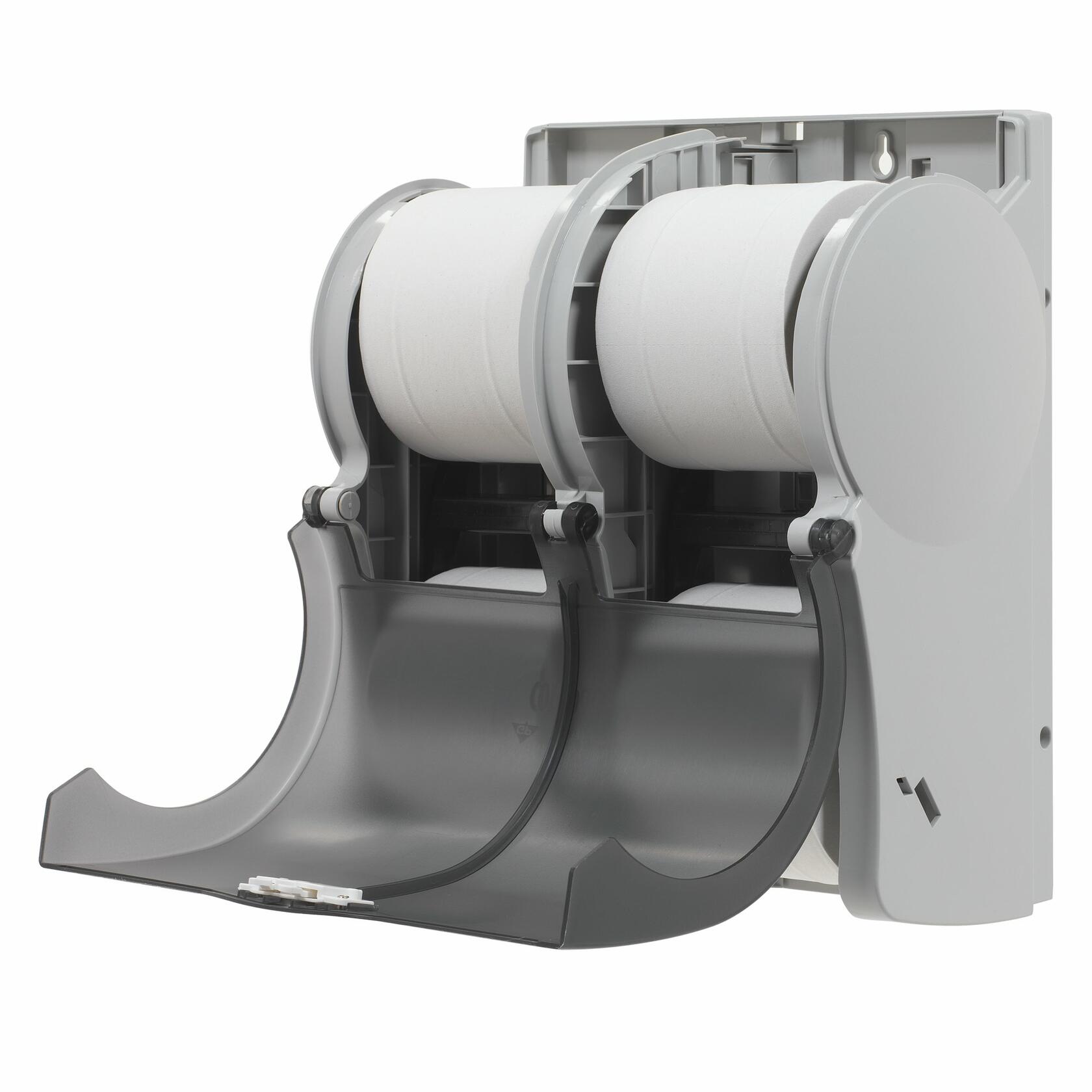 GP PRO (Georgia-Pacific) Compact 56744 4-Roll Quad Coreless High-Capacity Toilet Paper Dispenser, Translucent Smoke