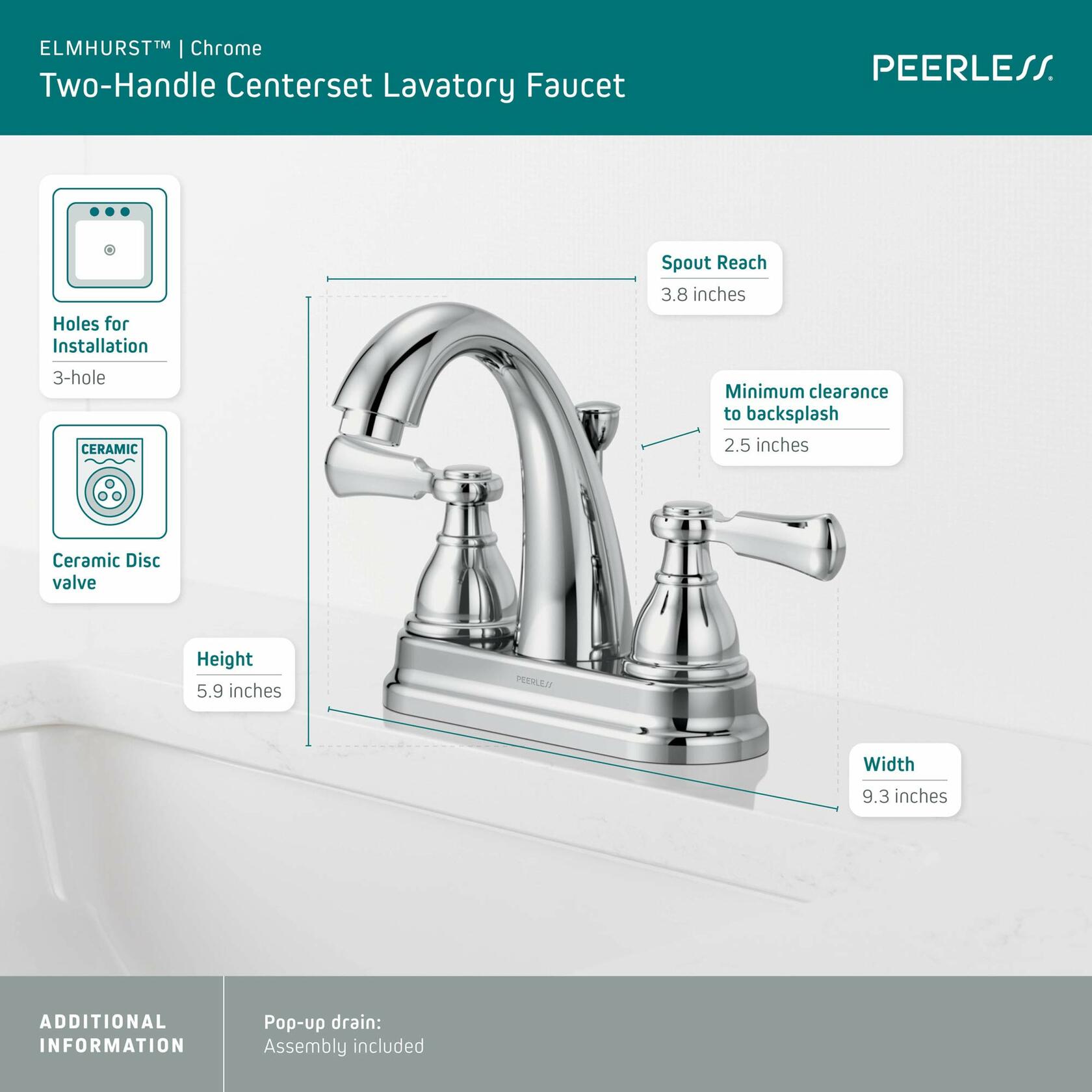 Peerless P2565LF Elmhurst Two-Handle Centerset Bathoom Faucet, Chrome