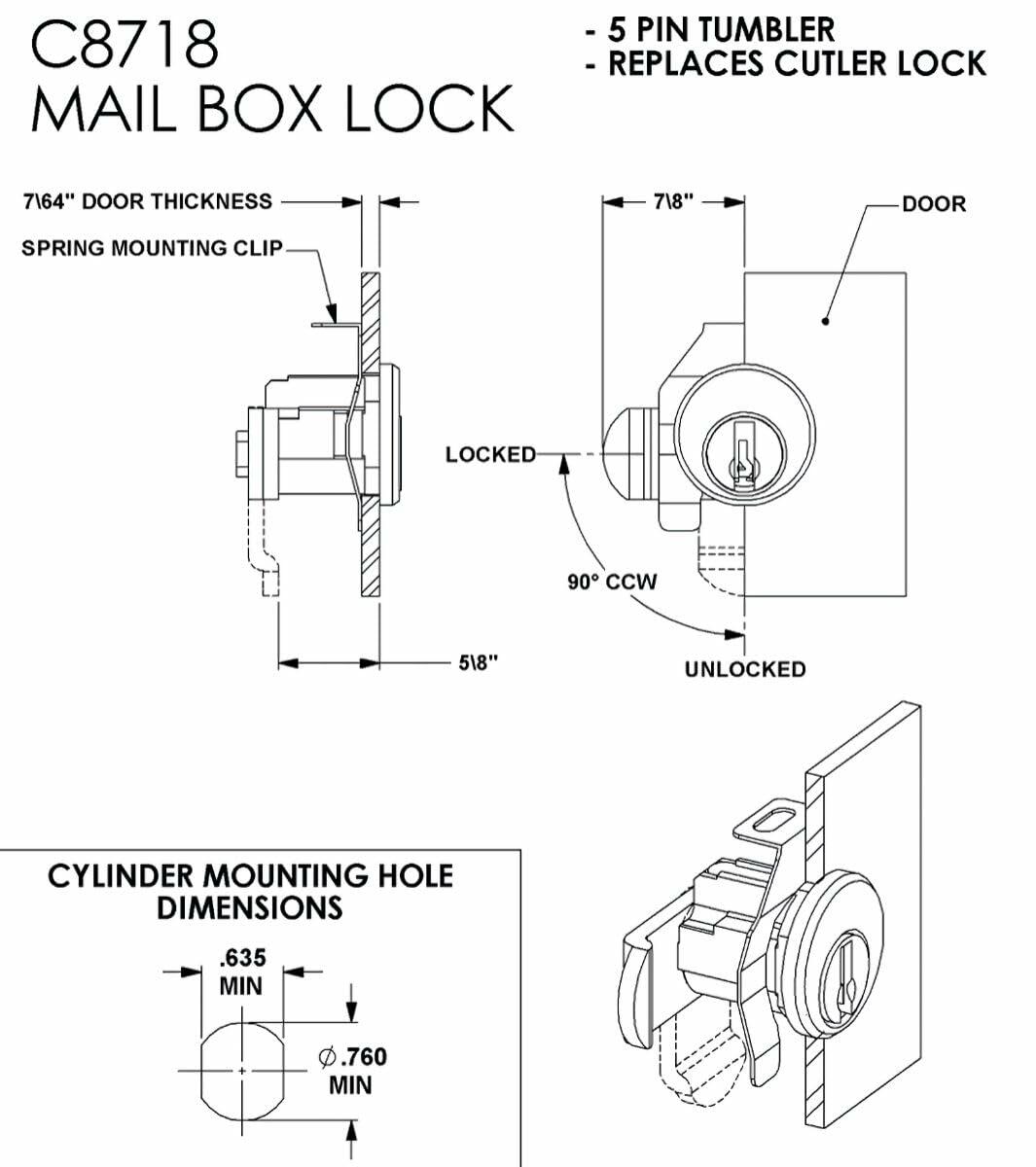 COMPX NATIONAL C8718 Mailbox Lock /Replaces:cutler Mail Chute
