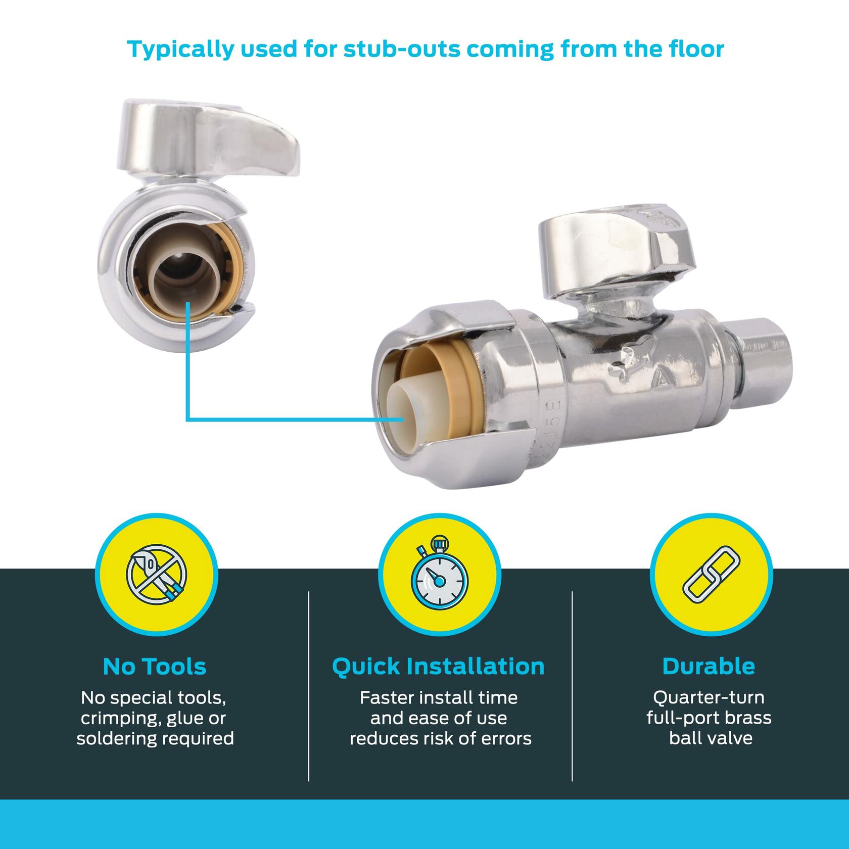 SharkBite 1/2 Push to Connect x 1/4 Inch (3/8 Inch OD) Push to Connect Straight Stop Valve, Quarter Turn, PEX Pipe, Copper, CPVC, PE-RT, HDPE, 23337-0000LF