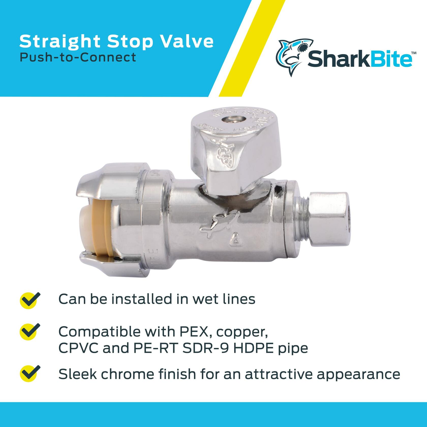 SharkBite 1/2 Push to Connect x 1/4 Inch (3/8 Inch OD) Push to Connect Straight Stop Valve, Quarter Turn, PEX Pipe, Copper, CPVC, PE-RT, HDPE, 23337-0000LF