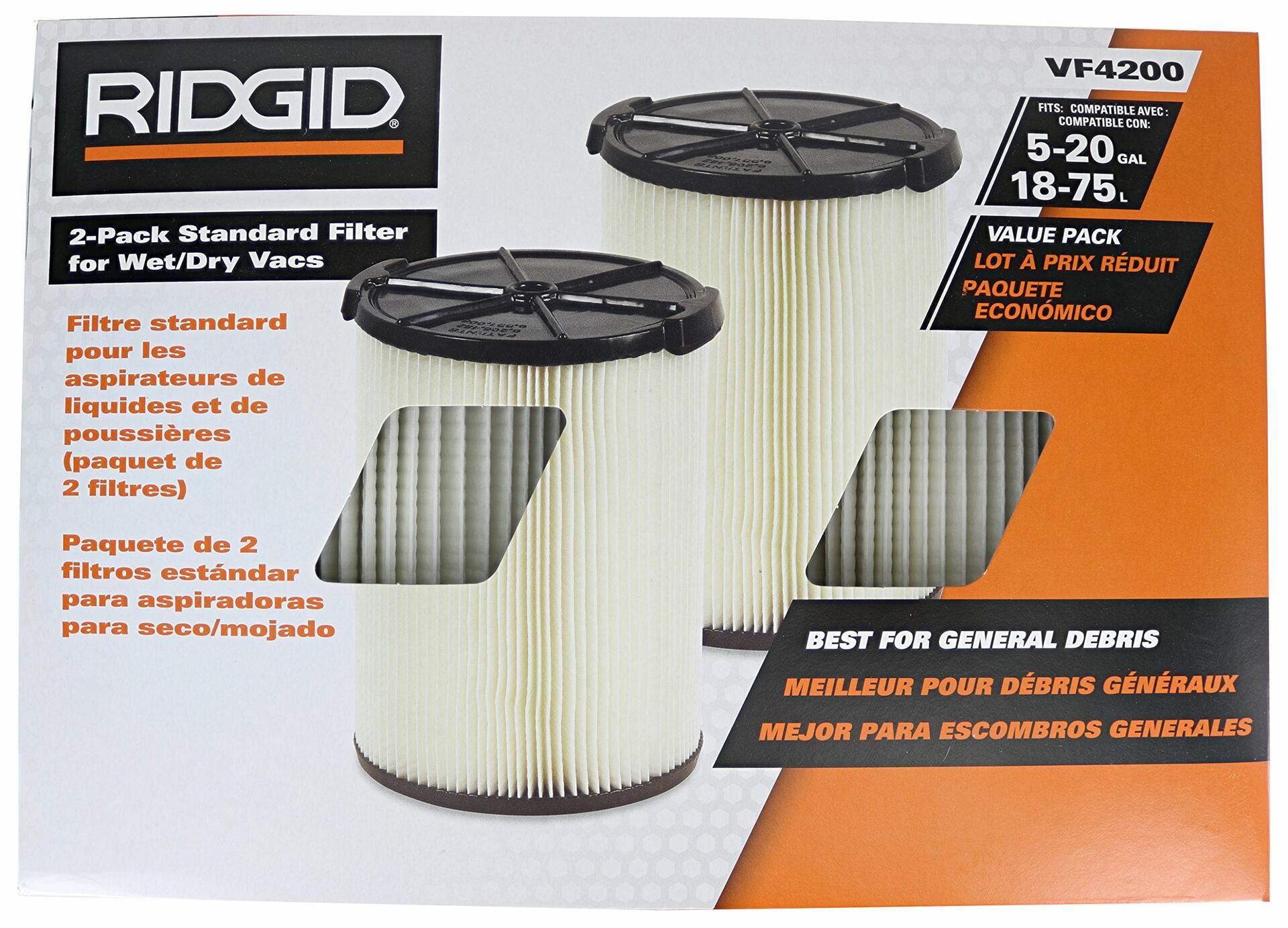 Ridgid VF4200 Genuine Replacement 1-Layer Everyday Dirt Wet/Dry Vac Filter for Ridgid 5-20 Gallon Vacuums (2 pack VF4000)