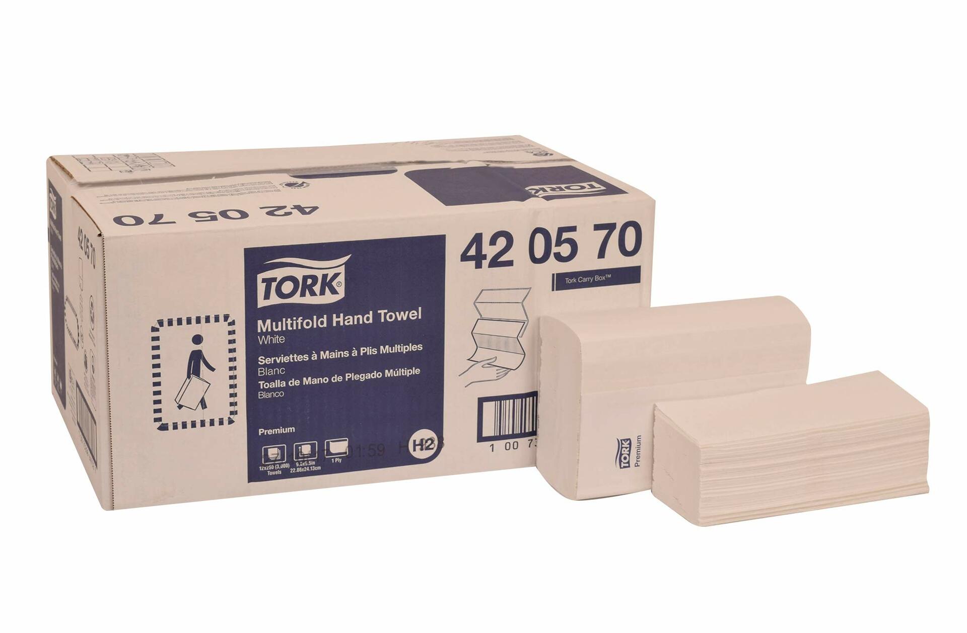 Tork 420570 Premium Multifold Paper Hand Towel, 3-Panel, 1-Ply, White (Case of 12 Packs, 250 per Pack, 3,000 Towels per Case)