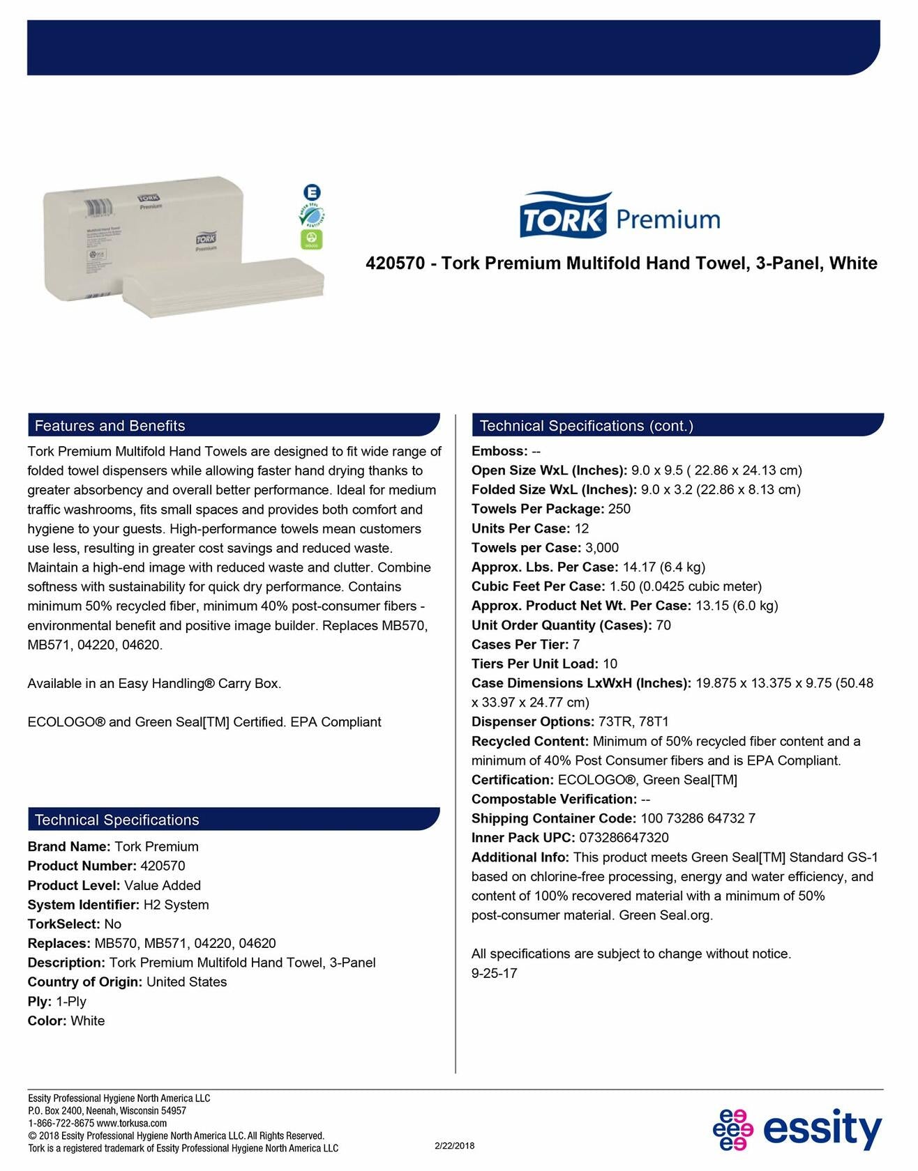 Tork 420570 Premium Multifold Paper Hand Towel, 3-Panel, 1-Ply, White (Case of 12 Packs, 250 per Pack, 3,000 Towels per Case)