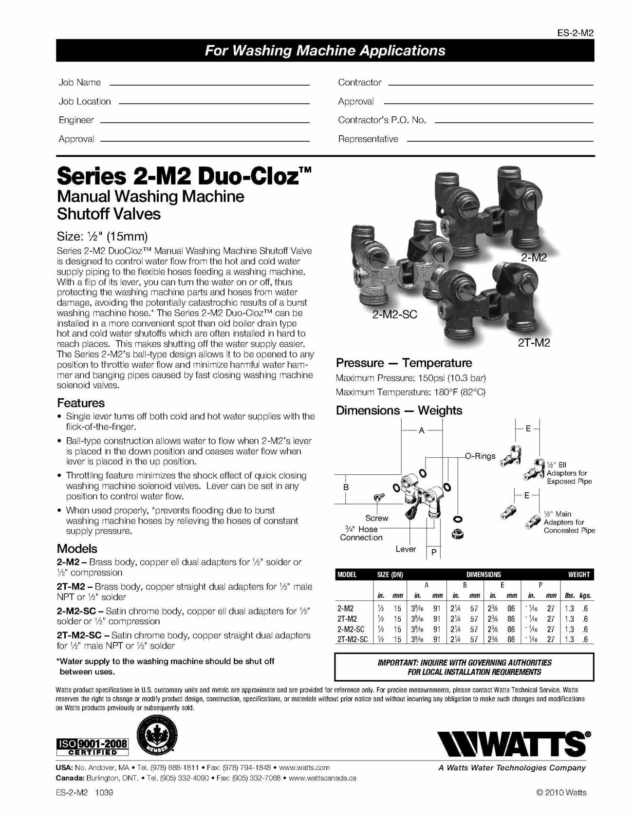 Watts 2-Series 1/2" Brass Washing Machine Shutoff Valve – Duo-Cloz, Ball Type