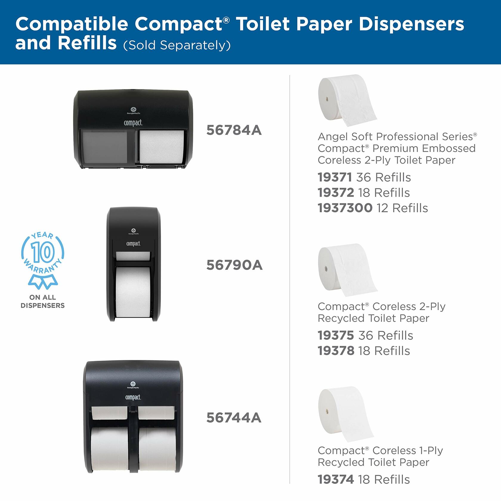 Compact 2-Roll Side-by-Side Coreless High-Capacity Toilet Paper Dispenser by GP PRO (Georgia-Pacific), Gray, 1 Dispenser