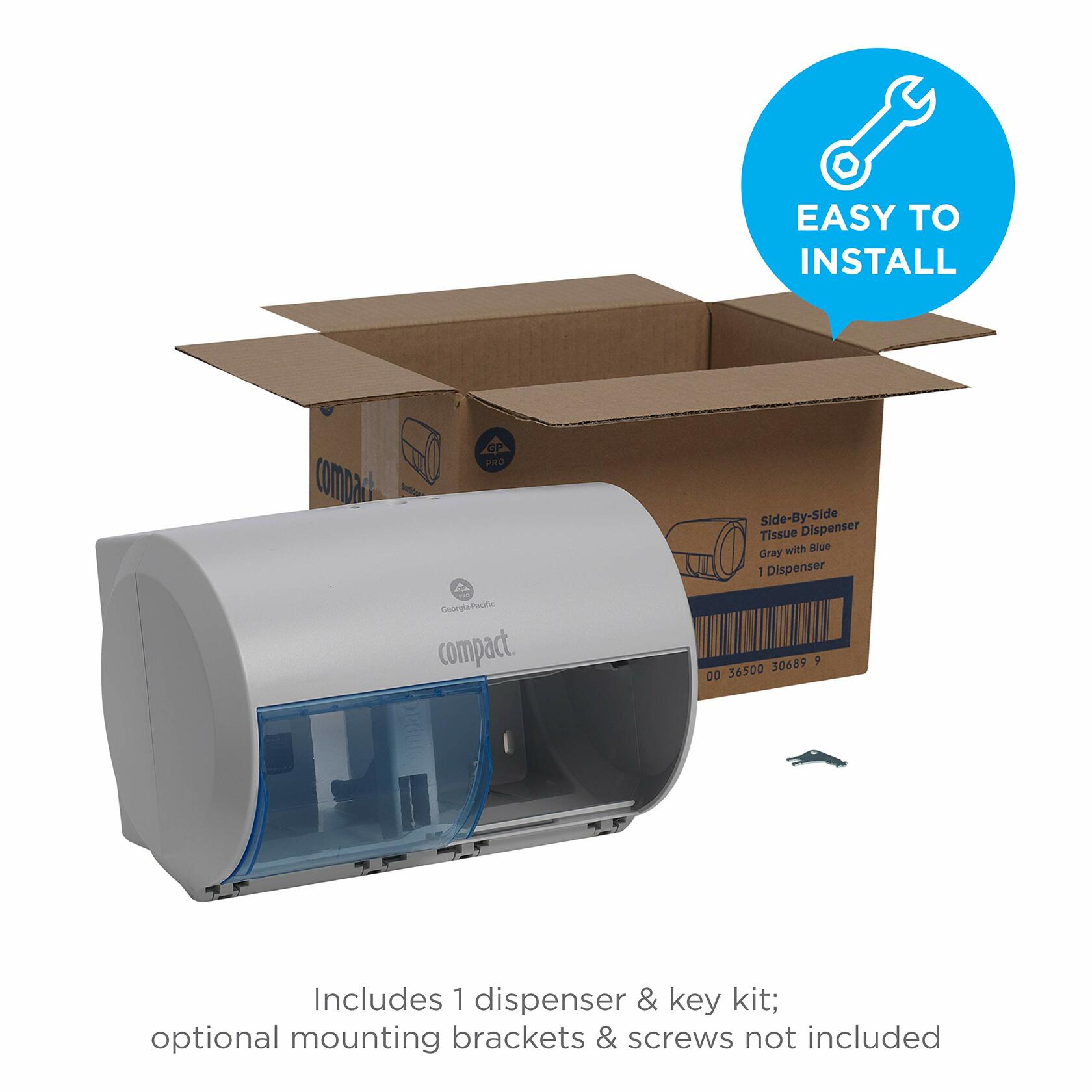 Compact 2-Roll Side-by-Side Coreless High-Capacity Toilet Paper Dispenser by GP PRO (Georgia-Pacific), Gray, 1 Dispenser