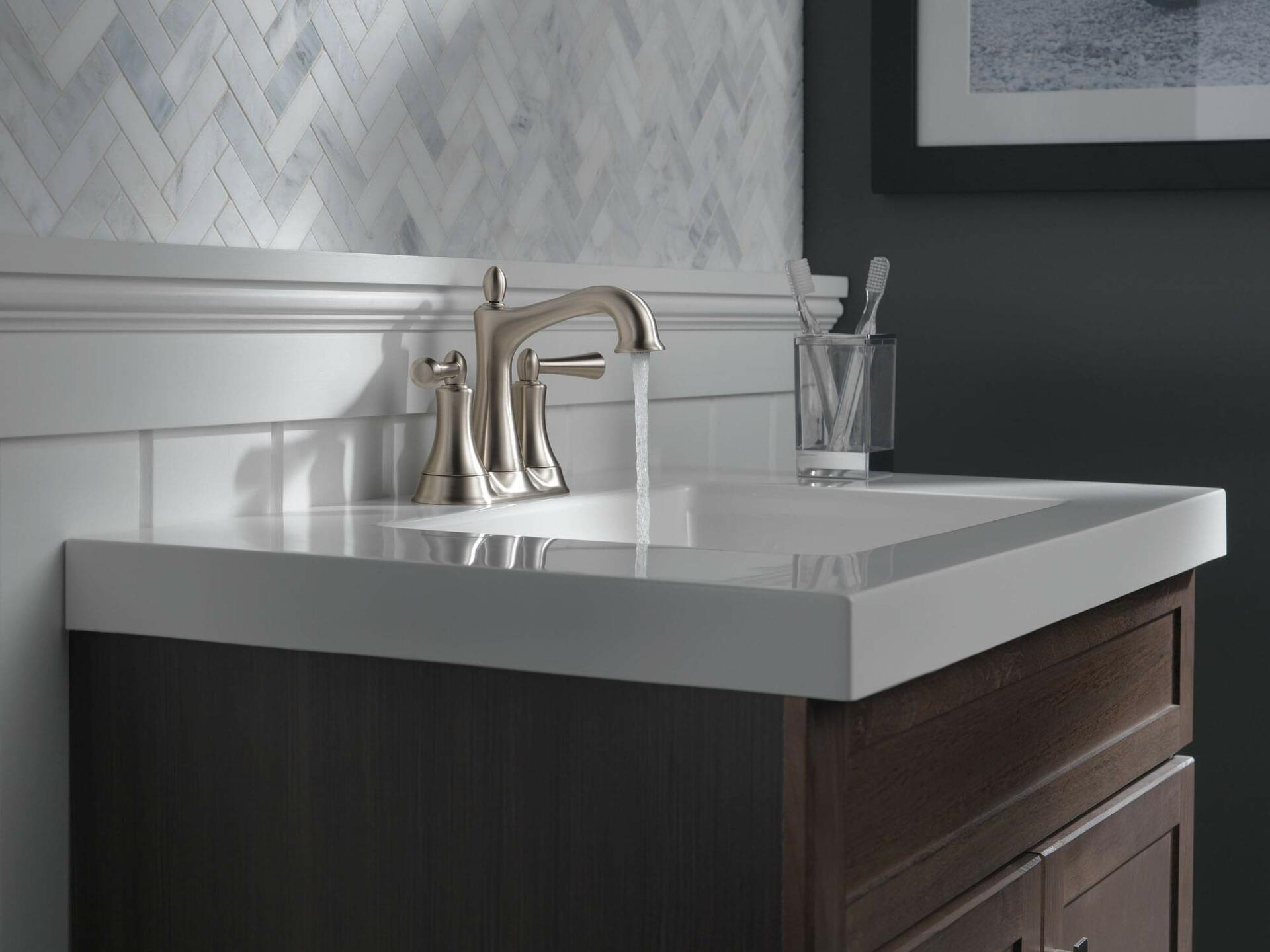 Delta 25774LF-SP Rila 4" Centerset 2 Handle Bathroom Faucet, Spotshield Brushed Nickel