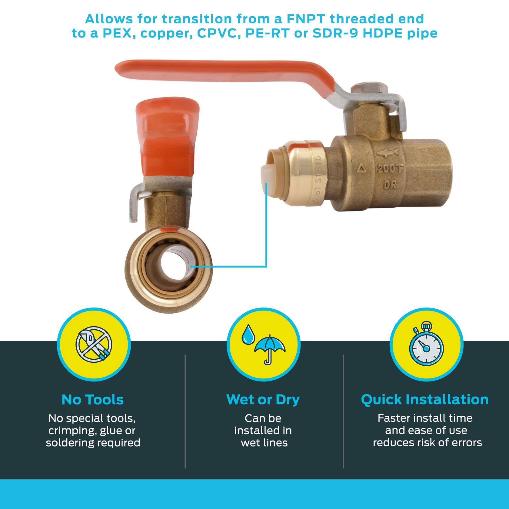 SharkBite 1/2 x 1/2 Inch Ball Valve with FNPT Connector, Push to Connect Brass Plumbing Fitting, PEX Pipe, Copper, CPVC, PE-RT, HDPE, 22182-0000LF