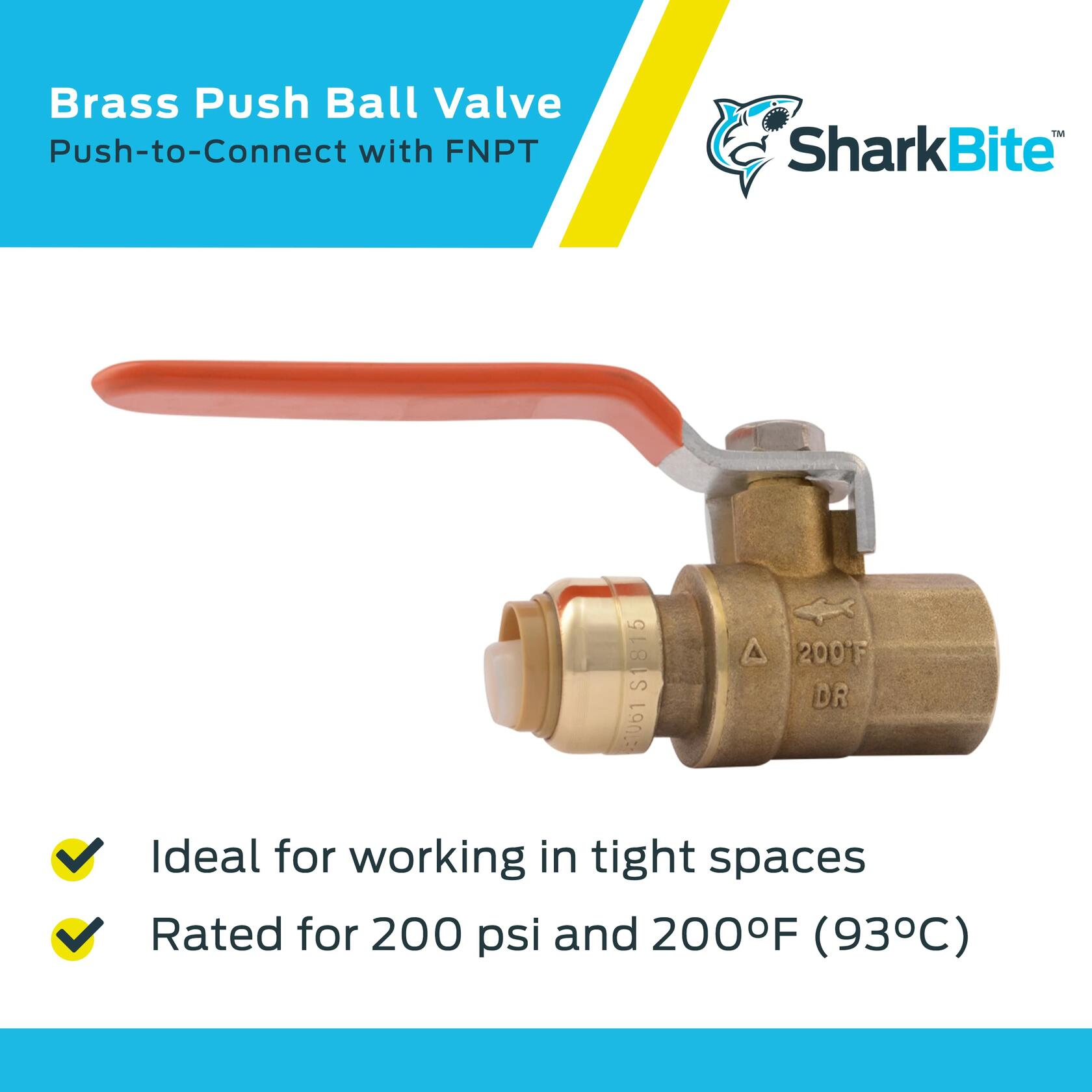 SharkBite 1/2 x 1/2 Inch Ball Valve with FNPT Connector, Push to Connect Brass Plumbing Fitting, PEX Pipe, Copper, CPVC, PE-RT, HDPE, 22182-0000LF
