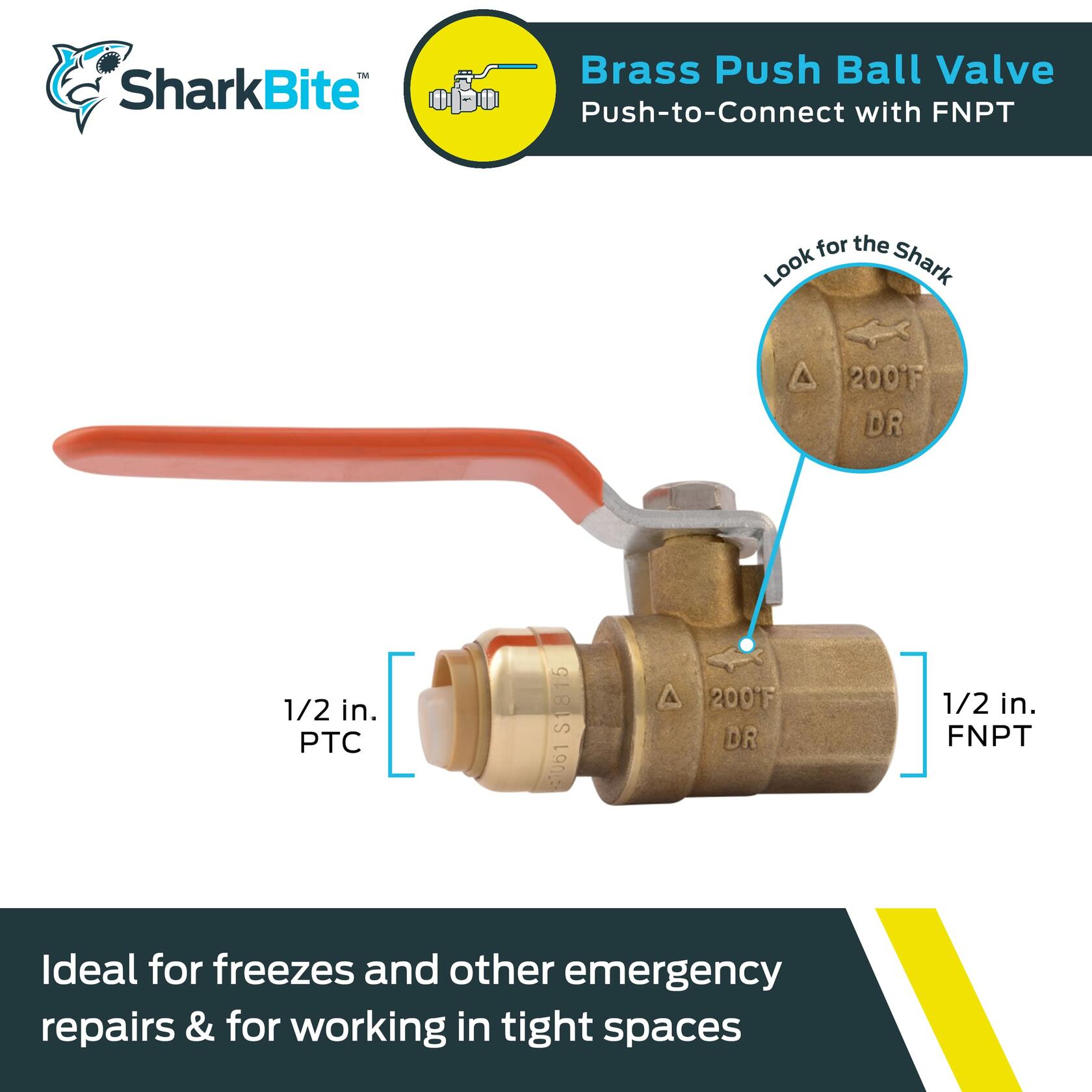SharkBite 1/2 x 1/2 Inch Ball Valve with FNPT Connector, Push to Connect Brass Plumbing Fitting, PEX Pipe, Copper, CPVC, PE-RT, HDPE, 22182-0000LF