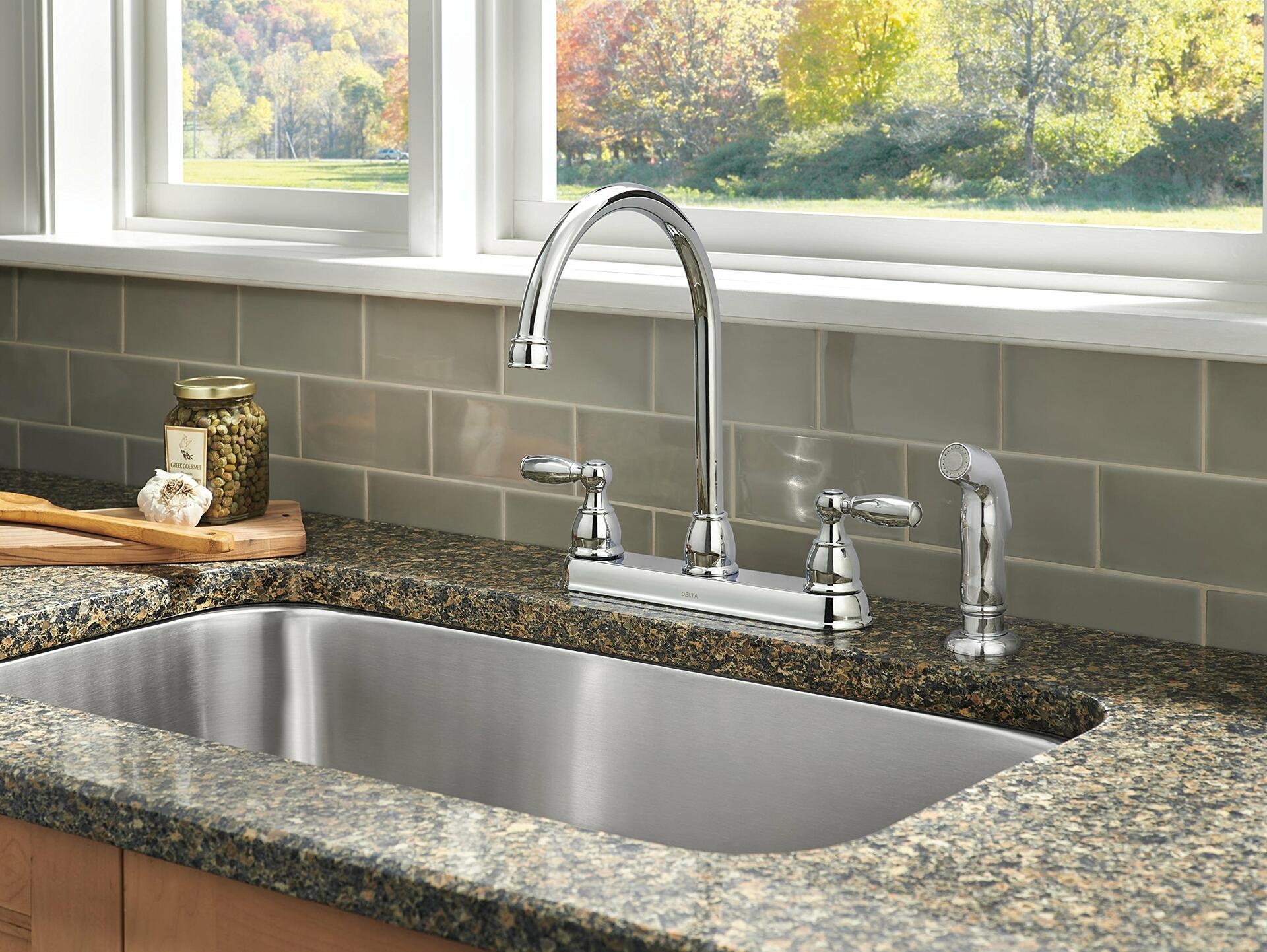Delta Faucet 21988LF Two Handle Kitchen Faucet with Spray, Chrome