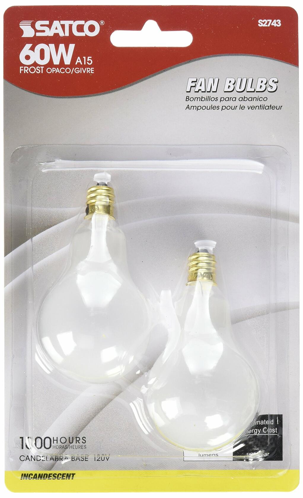 Satco S2743 120-Volt 1/Card 60-Watt A15 Candelabra Base Light Bulb, Frosted