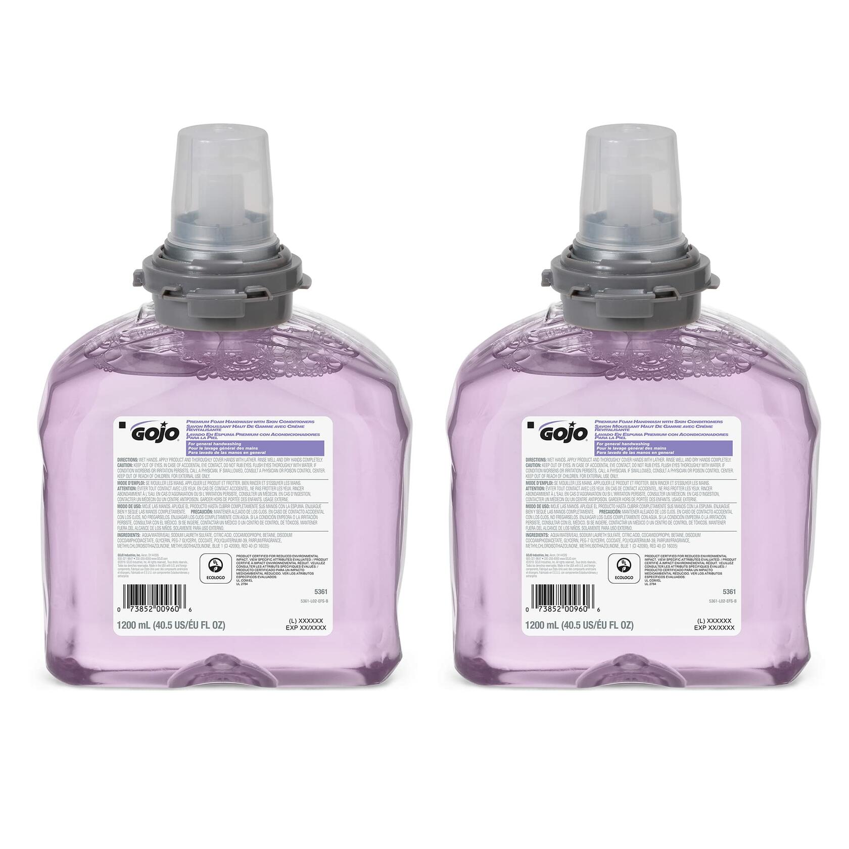 GOJO Premium Foam Handwash with Skin Conditioners, Cranberry Scent, EcoLogo Certified, 1200 mL Foam Hand Soap Refill TFX Touch-Free Dispenser (Pack of 2) – 5361-02