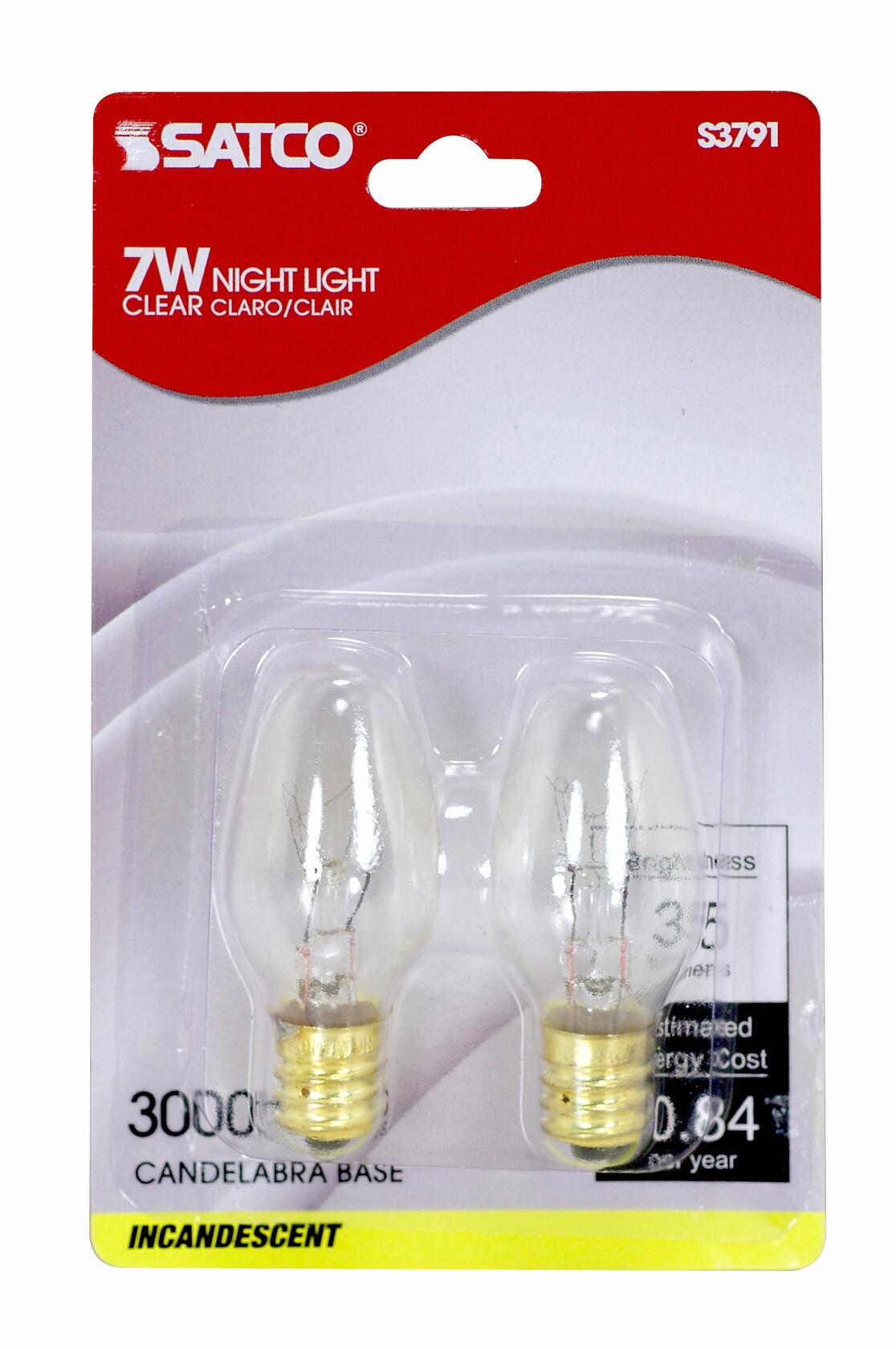 Satco S3791 120V 2/Card Candelabra Base 7-Watt 7C7 Night Light Bulb, Clear
