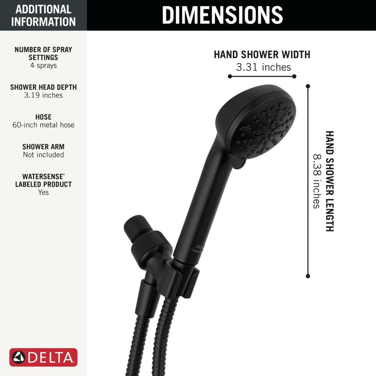 Delta Faucet 75413DBL 4-Setting Handheld Shower Head Hand Shower 2.5 GPM w/ Metal Hose (Matte Black)