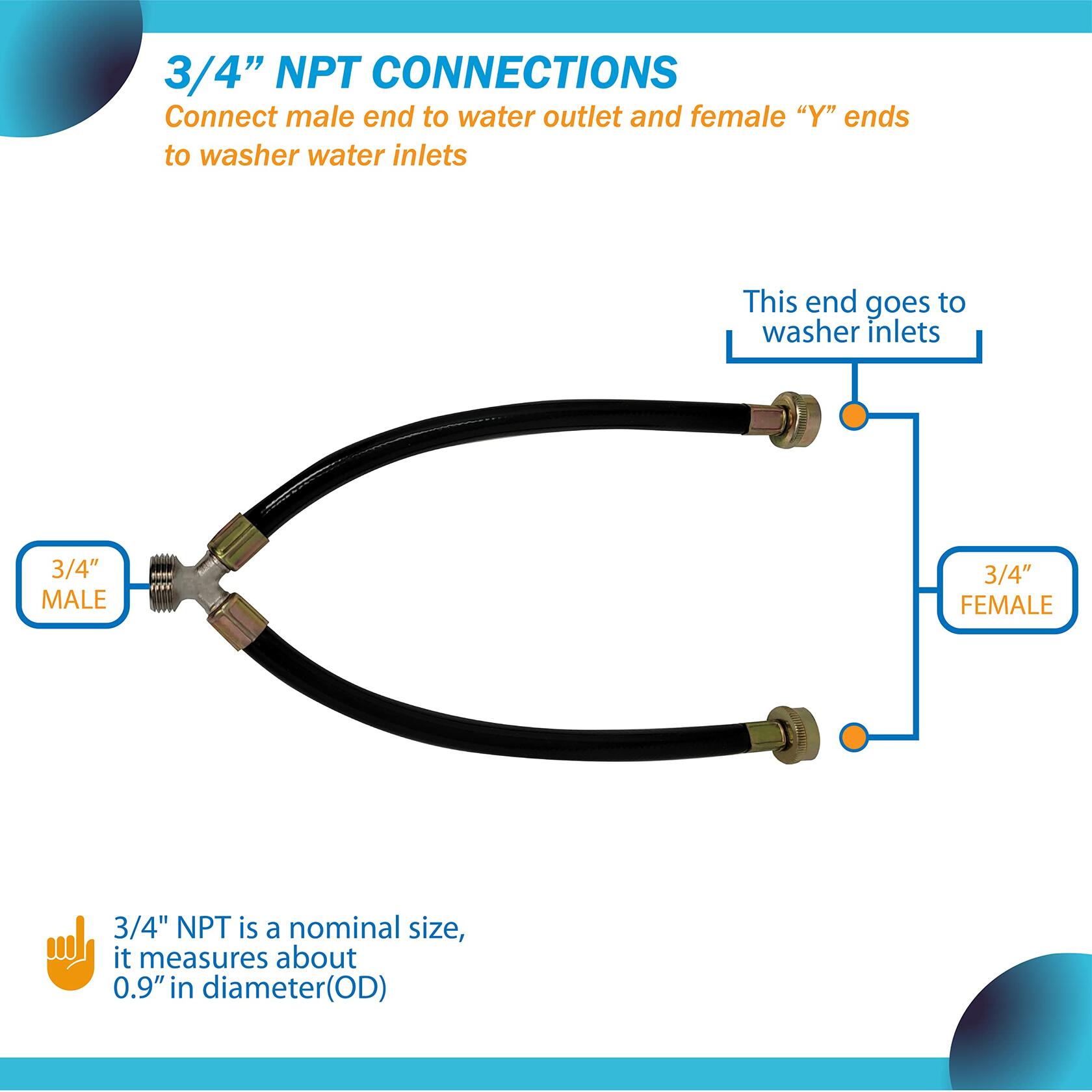 Y Splitter Mixer Hot & Cold Water Washer Dishwasher 1ft Rubber Hose 3/4" Brass Couplings
