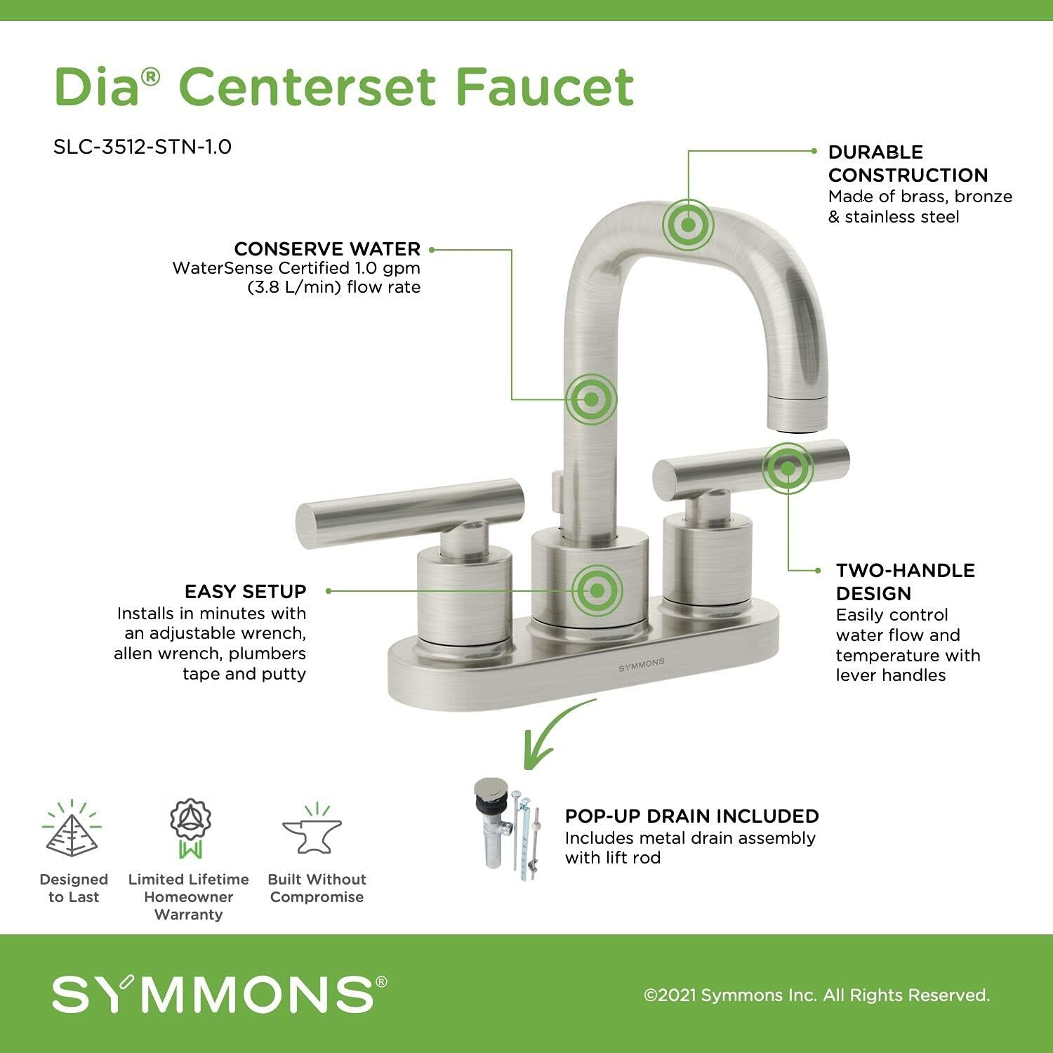 Symmons SLC-3512-STN-1.0 Dia 4" Centerset 2 Handle Bathroom Faucet Satin Nickel 1.0 GPM With Drain