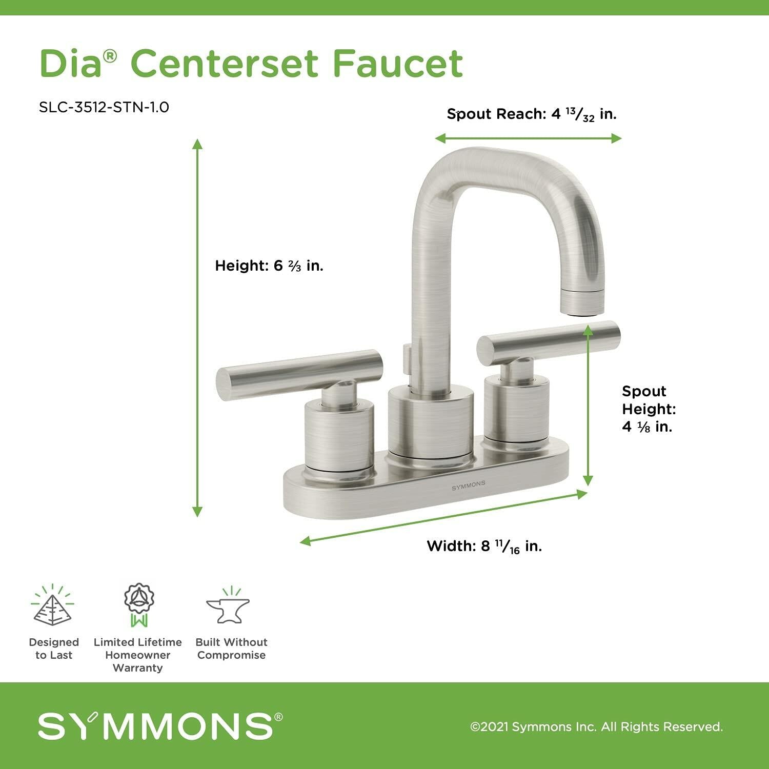 Symmons SLC-3512-STN-1.0 Dia 4" Centerset 2 Handle Bathroom Faucet Satin Nickel 1.0 GPM With Drain