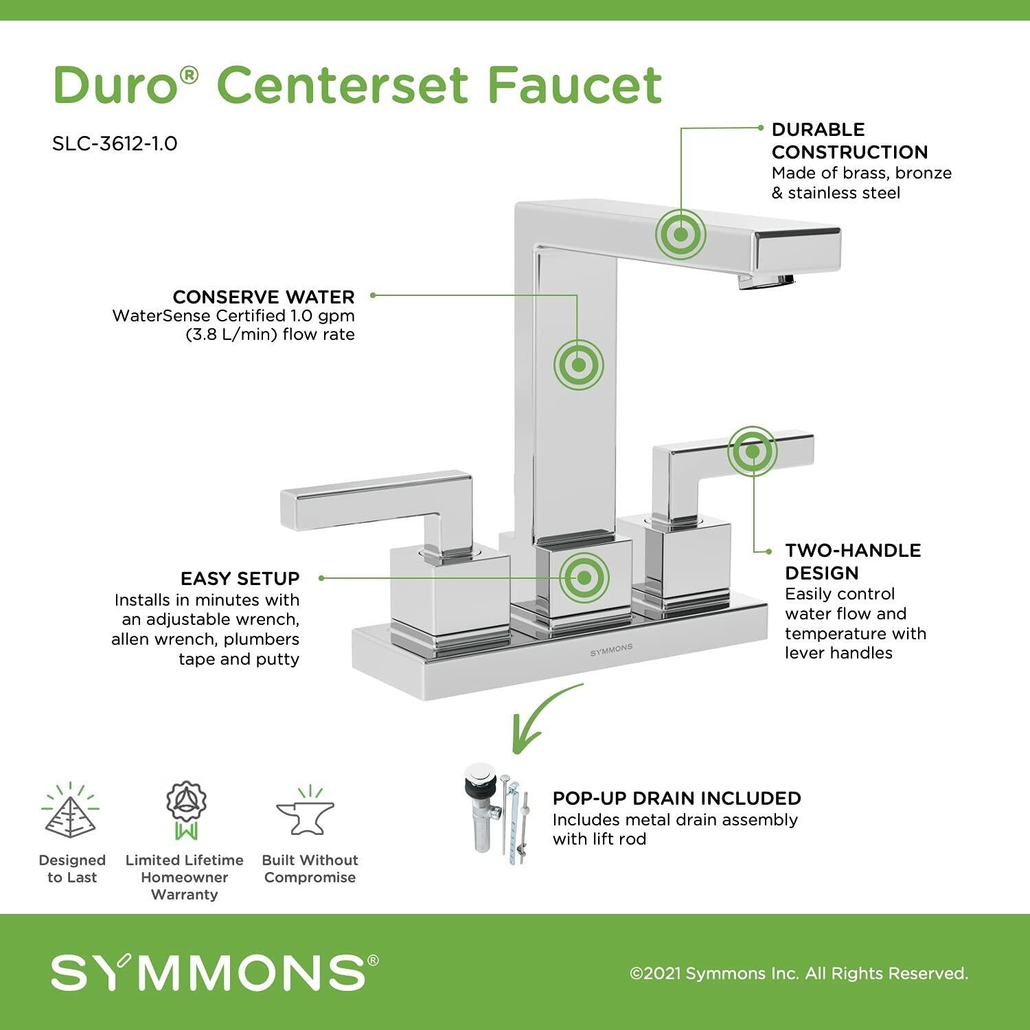 Symmons SLC-3612-1.0 Duro 4" Centerset 2-Handle Bathroom Faucet Pop Up Drain Chrome 1.0 GPM