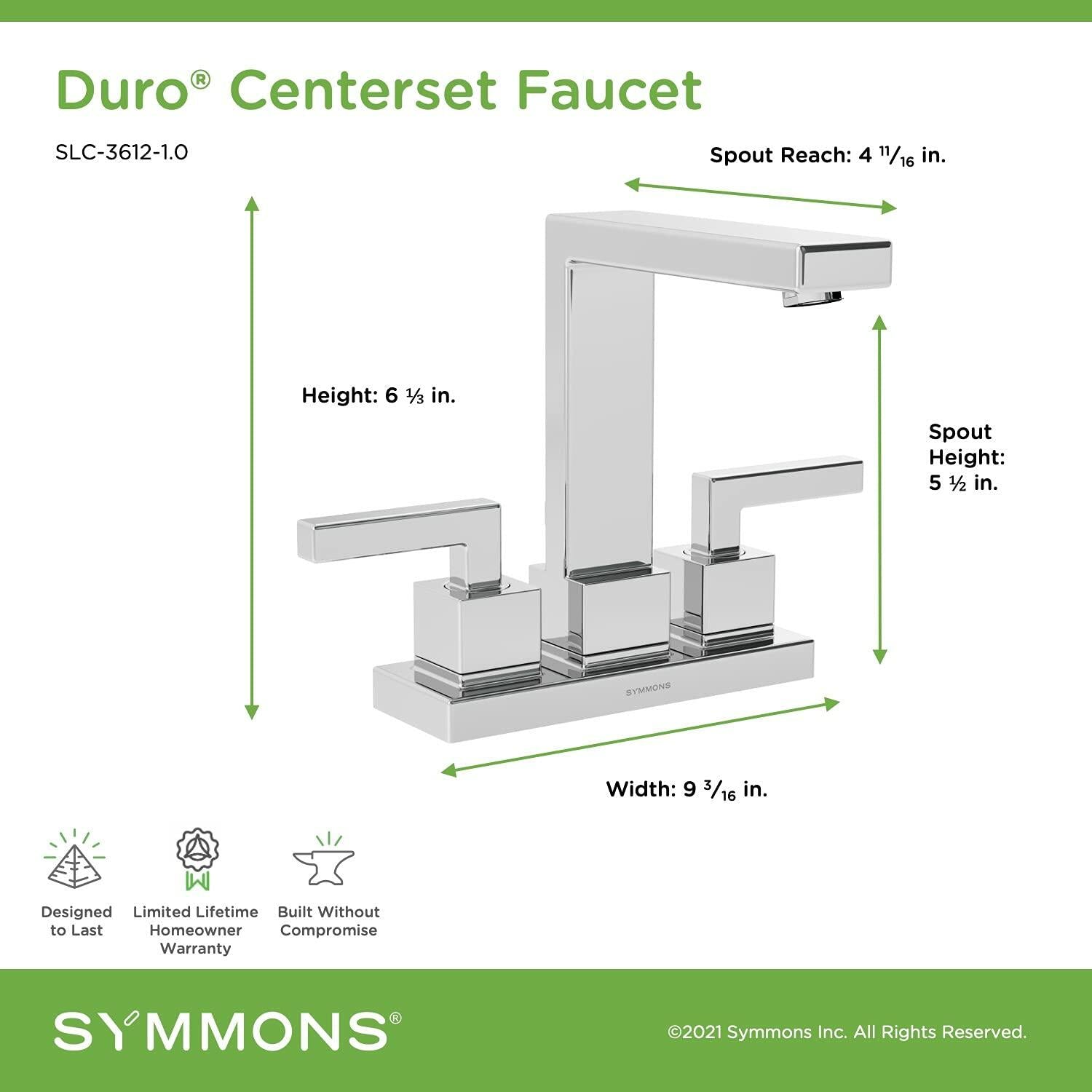 Symmons SLC-3612-1.0 Duro 4" Centerset 2-Handle Bathroom Faucet Pop Up Drain Chrome 1.0 GPM