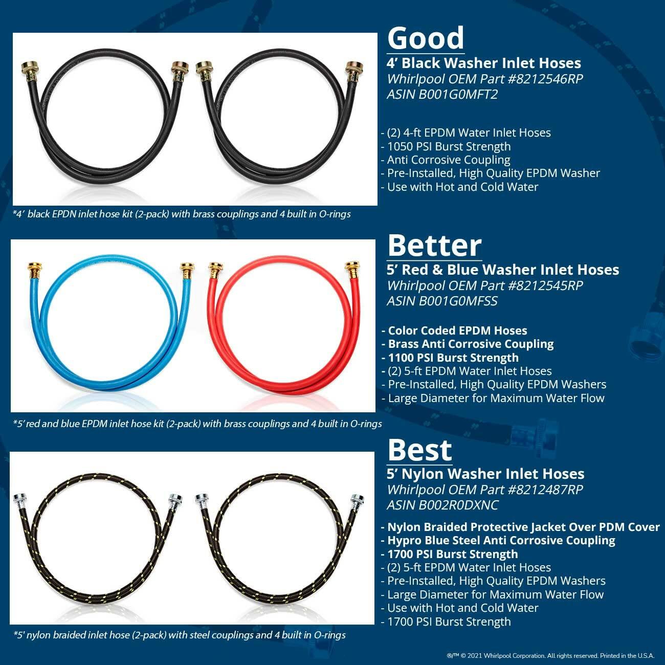 Whirlpool 8212487RP Genuine OEM Fill Hoses for Washers 5 Ft  (Black; Pack of 2)