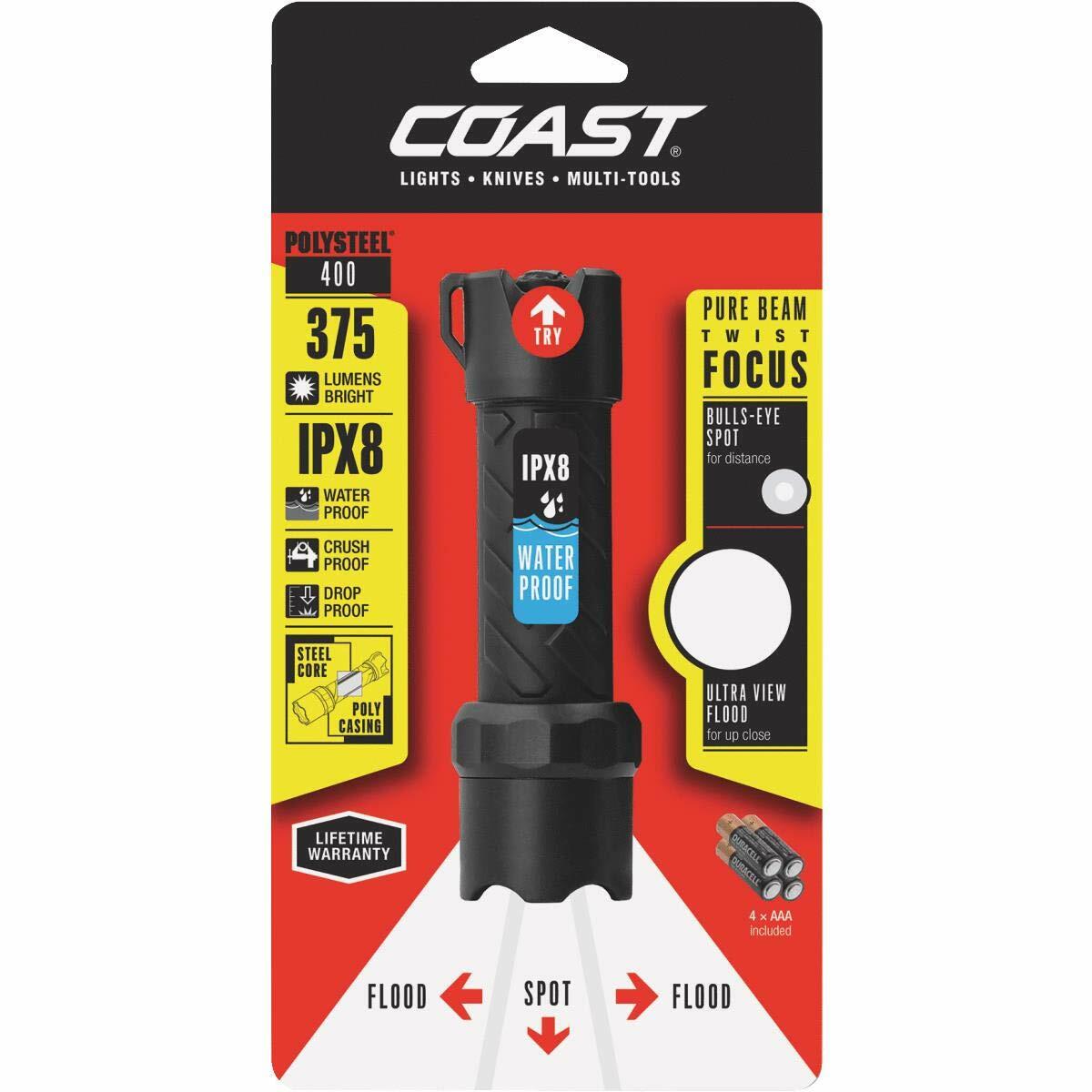 Coast PolySteel 400 LED Flashlight Pure Beam Focusing IPX8 (Black)