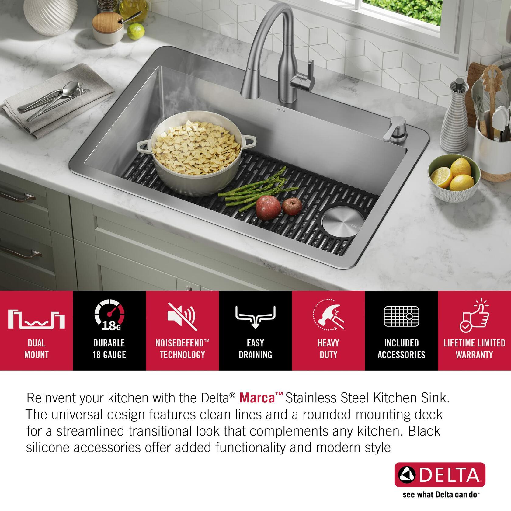 DELTA FAUCET Delta Marca 30 inch Drop-In Undermount Stainless Steel Single Bowl Kitchen Sink with Accessories