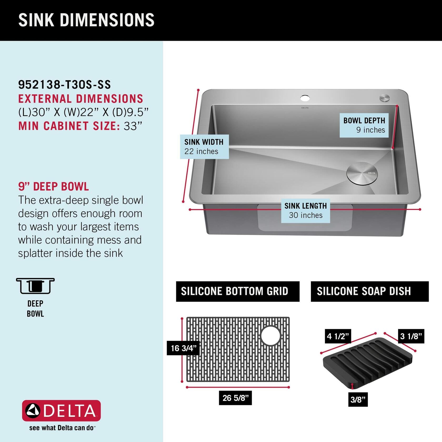 DELTA FAUCET Delta Marca 30 inch Drop-In Undermount Stainless Steel Single Bowl Kitchen Sink with Accessories