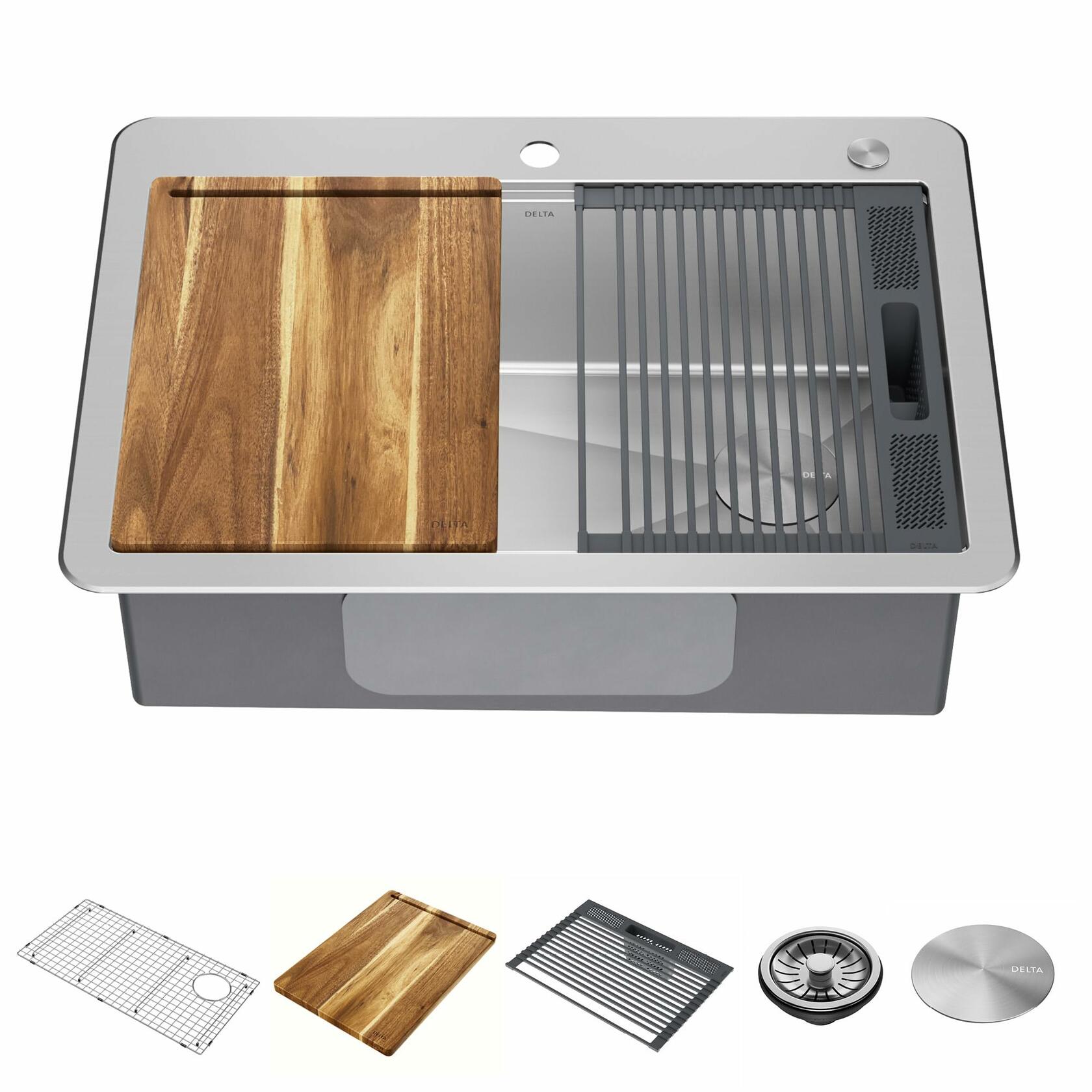 DELTA FAUCET 95A932-30S-SS Lorelai 30" Workstation Kitchen Sink Drop-In Top Mount Stainless Steel Single Bowl with WorkFlow Ledge and Accessories 16 Gauge in Stainless Steel