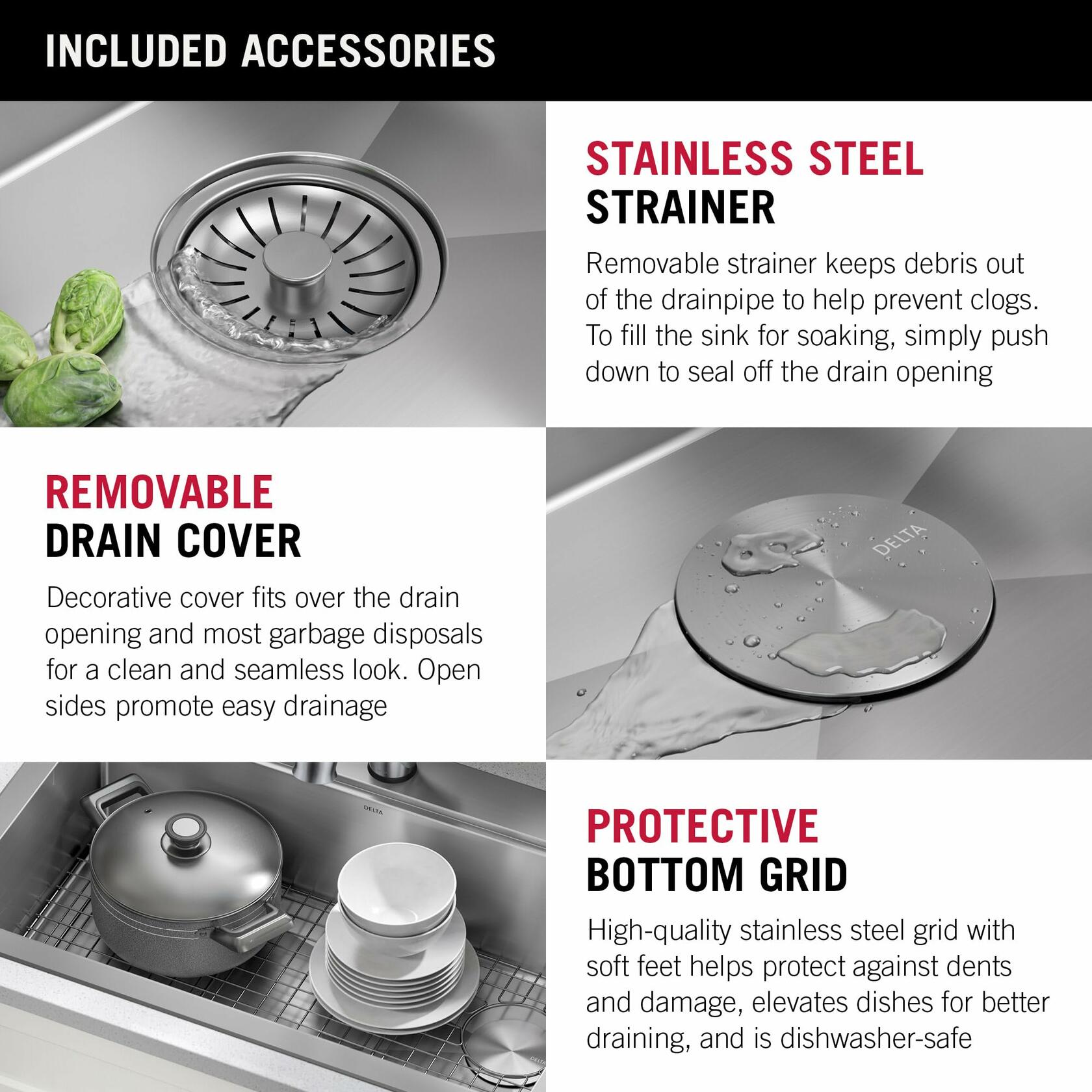 DELTA FAUCET 95A932-30S-SS Lorelai 30" Workstation Kitchen Sink Drop-In Top Mount Stainless Steel Single Bowl with WorkFlow Ledge and Accessories 16 Gauge in Stainless Steel