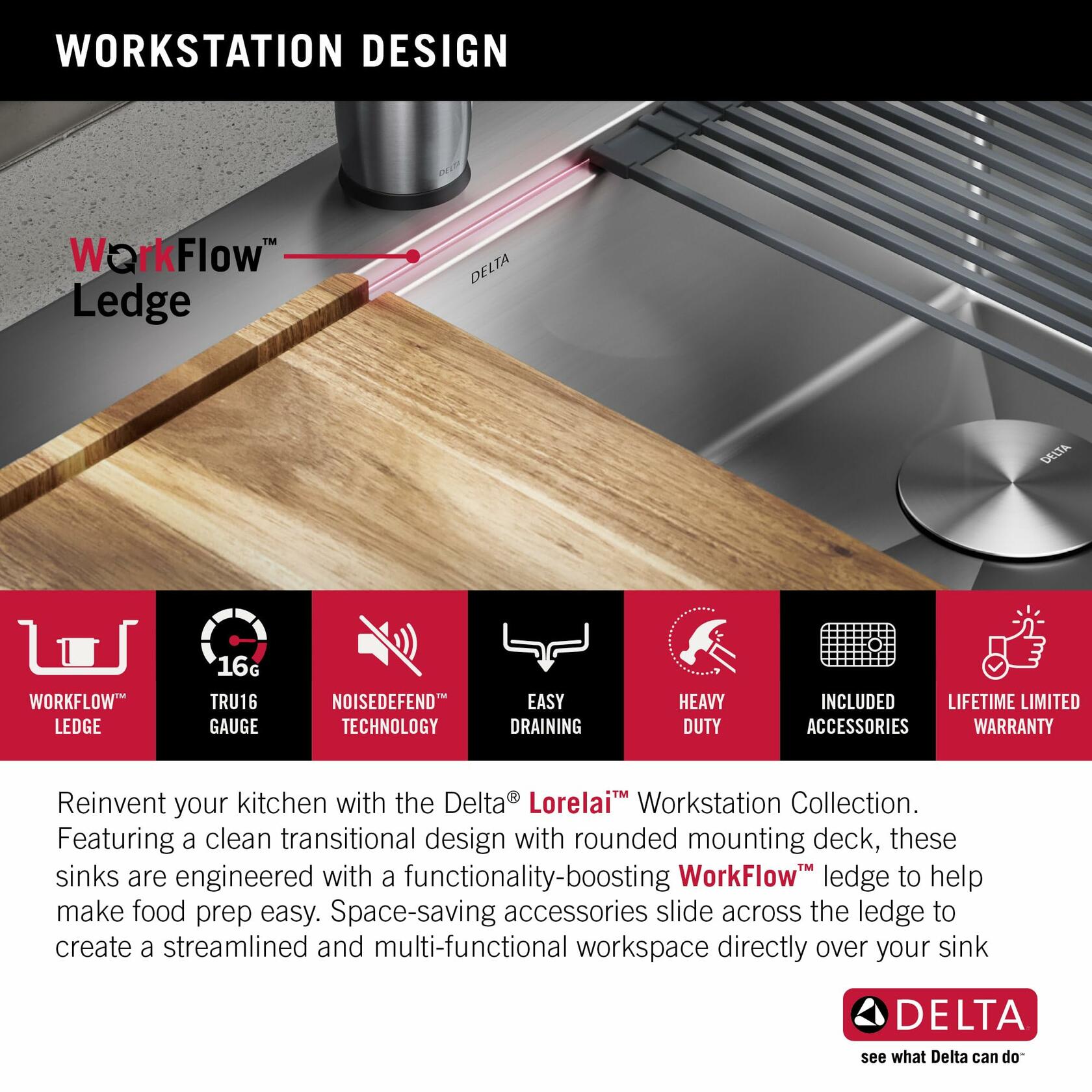 DELTA FAUCET 95A932-30S-SS Lorelai 30" Workstation Kitchen Sink Drop-In Top Mount Stainless Steel Single Bowl with WorkFlow Ledge and Accessories 16 Gauge in Stainless Steel