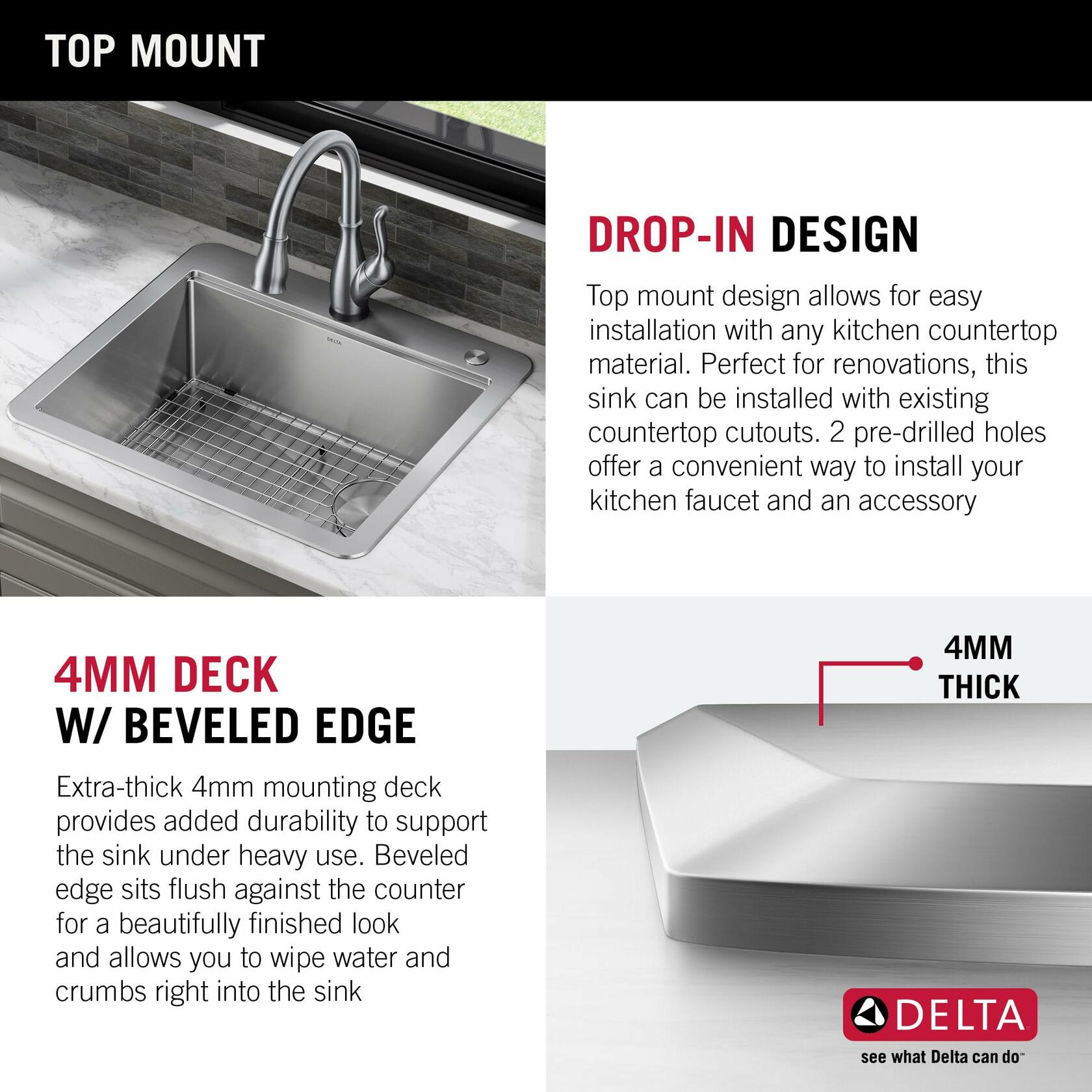 DELTA FAUCET 95A932-30S-SS Lorelai 30" Workstation Kitchen Sink Drop-In Top Mount Stainless Steel Single Bowl with WorkFlow Ledge and Accessories 16 Gauge in Stainless Steel