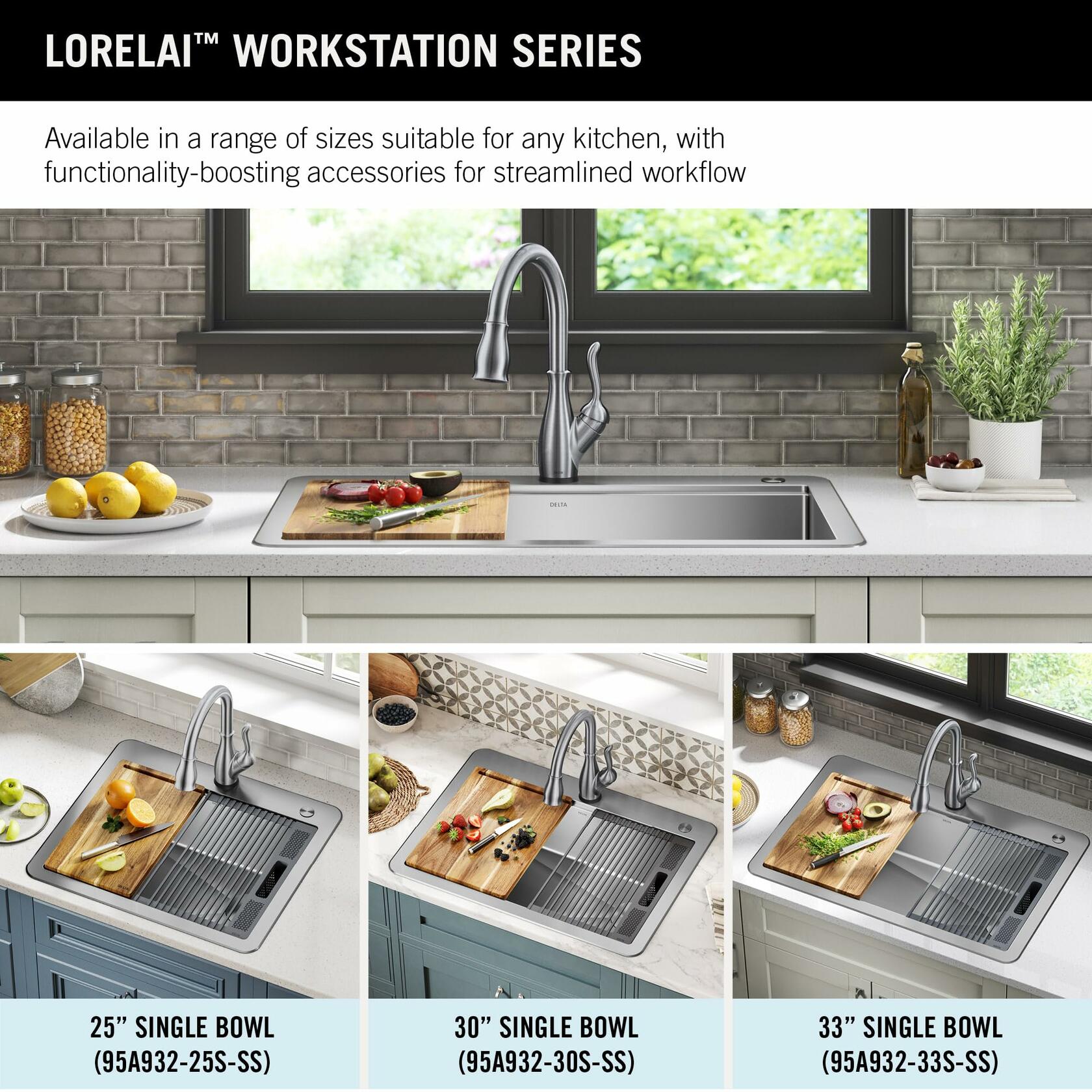 DELTA FAUCET 95A932-30S-SS Lorelai 30" Workstation Kitchen Sink Drop-In Top Mount Stainless Steel Single Bowl with WorkFlow Ledge and Accessories 16 Gauge in Stainless Steel