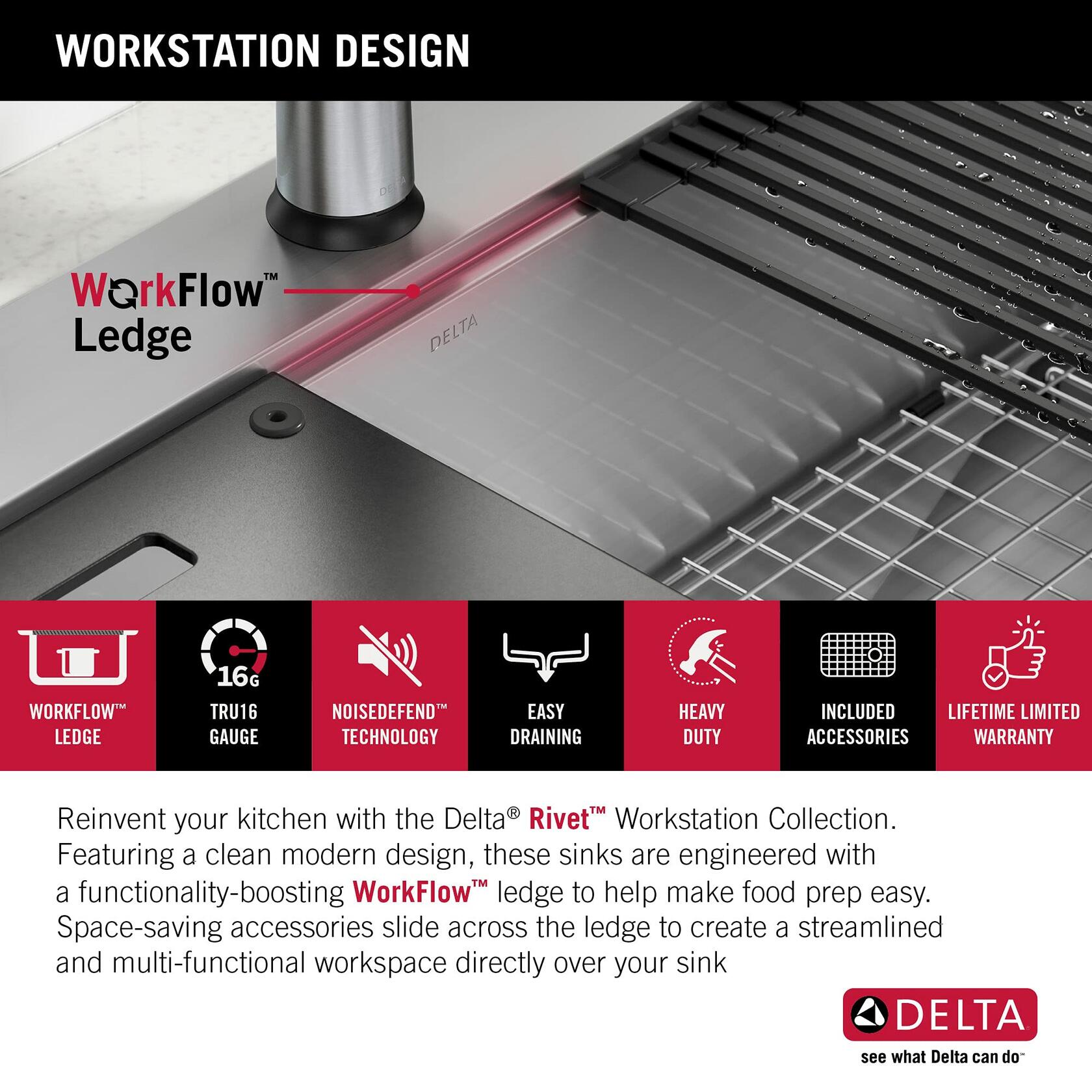 Delta Rivet 95A931-30S-SS 30 Inch Workstation Kitchen Sink (Stainless Steel)