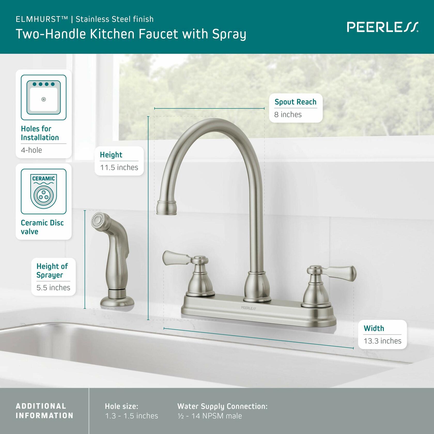 Peerless P2865LF-SS Two Handle Kitchen Faucet Side Sprayer (Stainless)
