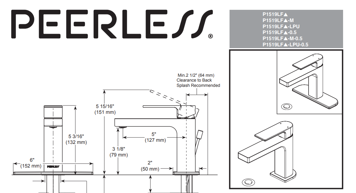 Peerless P1519LF-M-0.5 Xander Single-Handle Bathroom Faucet, Chrome, Specs Sheet