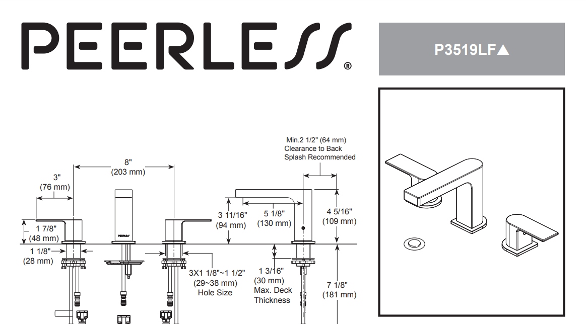 Peerless P3519LF Xander Widespread Two Handle Bathroom Faucet, Chrome, Specs Sheet