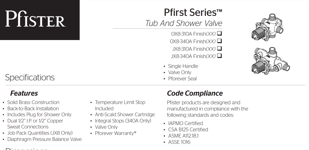 Pfister 0X8-310A PermaBalance Single Control Pressure Balancing Valve - Less Stops, Specs Sheet