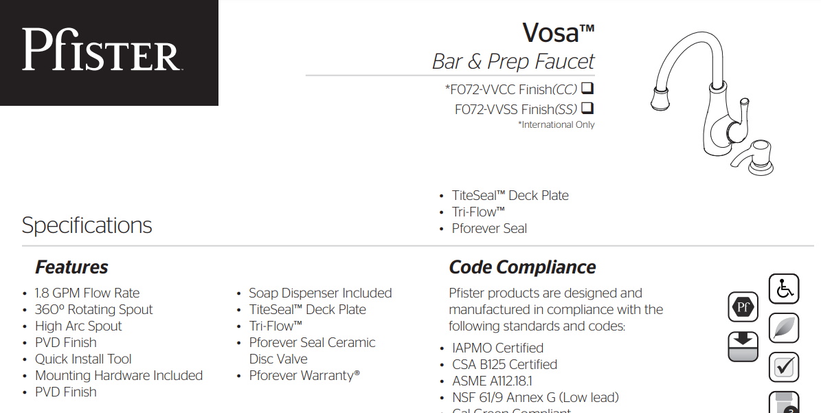 Pfister F-072-VVSS Vosa Single Handle Kitchen Faucet with Soap Dispenser, Specs Sheet