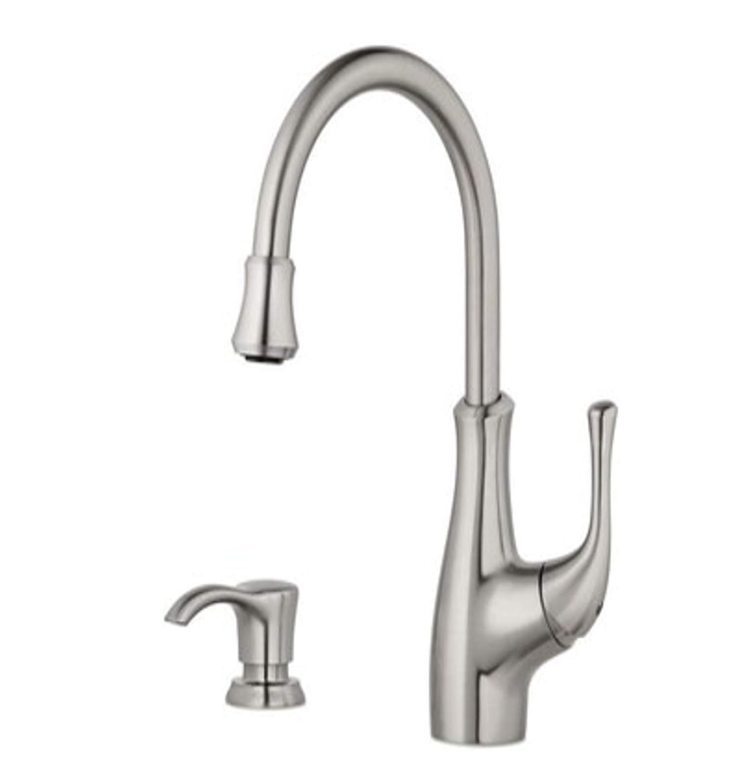 Pfister Vosa Stainless Steel High-Arc Kitchen Faucet, 1-Handle Deck Mount with Soap Dispenser & Tri-Flow Spray