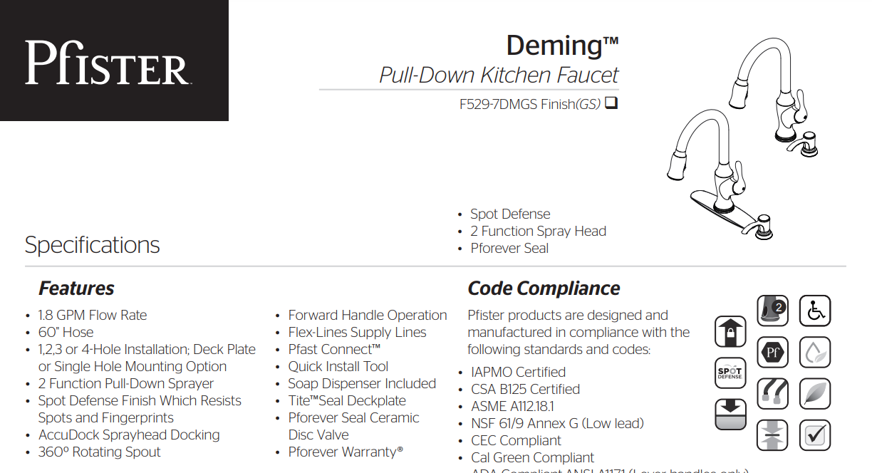 Pfister F-529-7DMGS Deming Single-Handle Pull-Down Sprayer Kitchen Faucet, Specs Sheet