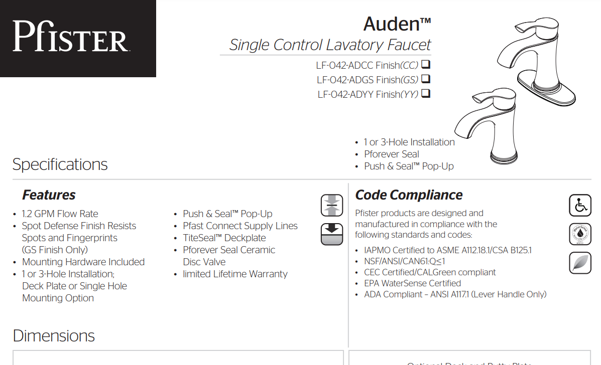 Pfister LF-042-ADCC Auden Single Handle Bathroom Faucet, Specs Sheet