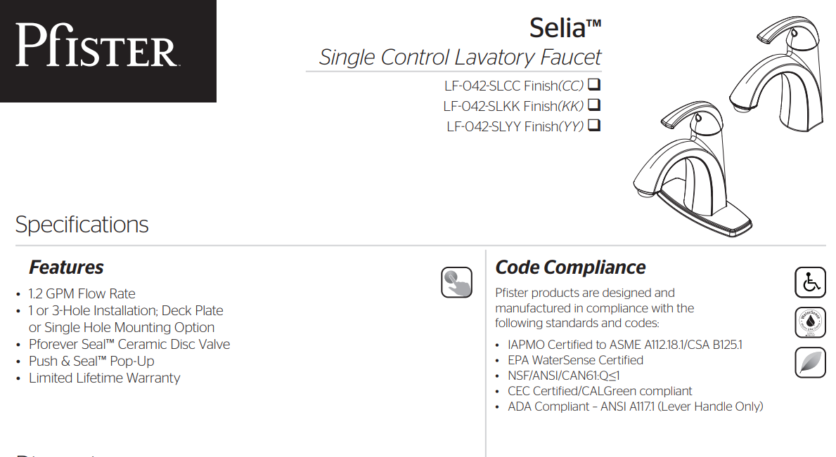 Pfister LF-042 Selia Single Handle Single Hole Bathroom Sink Faucet, Push & Seal, Specs Sheet