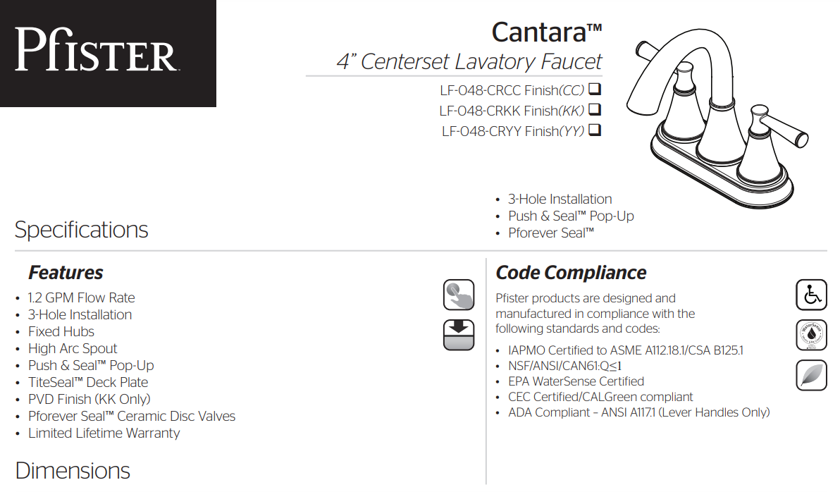 Pfister LF-048 Cantara Double Handle Centerset Bathroom Faucet, 1.2 GPM