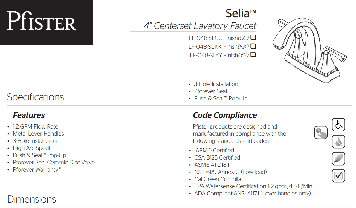 Pfister LF-048-SLYY Selia 2-handle Centerset Bathroom Faucet, Specs Sheet
