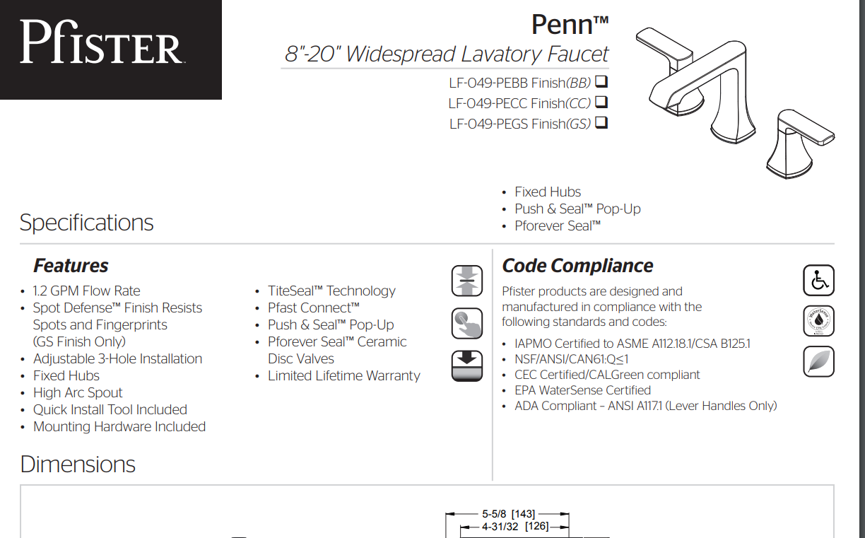Pfister LF-049-PEC Penn 2-Handle Widespread Bathroom Faucet, Polished Chrome, Specs Sheet
