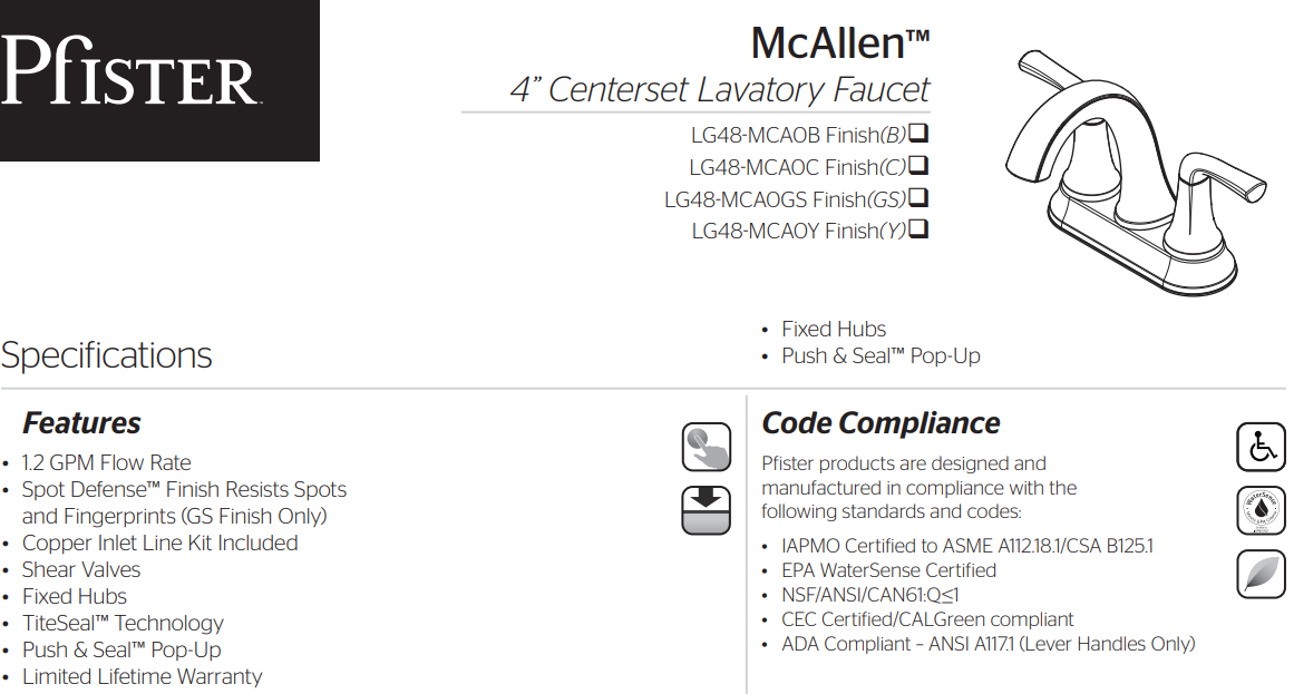 Pfister LG48-MCA0C McAllen 2-Handle Centerset Bathroom Faucet in Polished Chrome, Specs Sheet