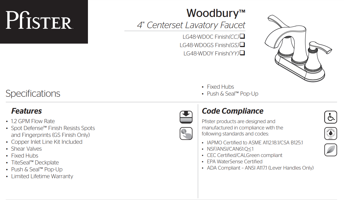 Pfister LG48-WD0C Woodbury 2-Handle 4" Centerset Bathroom Faucet, Polished Chrome, Specs Sheet